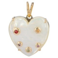 Heart Charm Solid 14k Yellow Gold Multi Sapphire Mother Of Pearl Gems Pendant