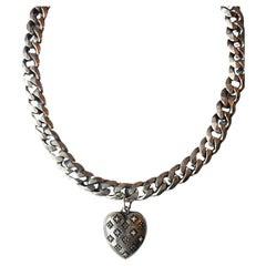 Puffy Heart Necklace Choker Sterling Silver White Diamond Pearl