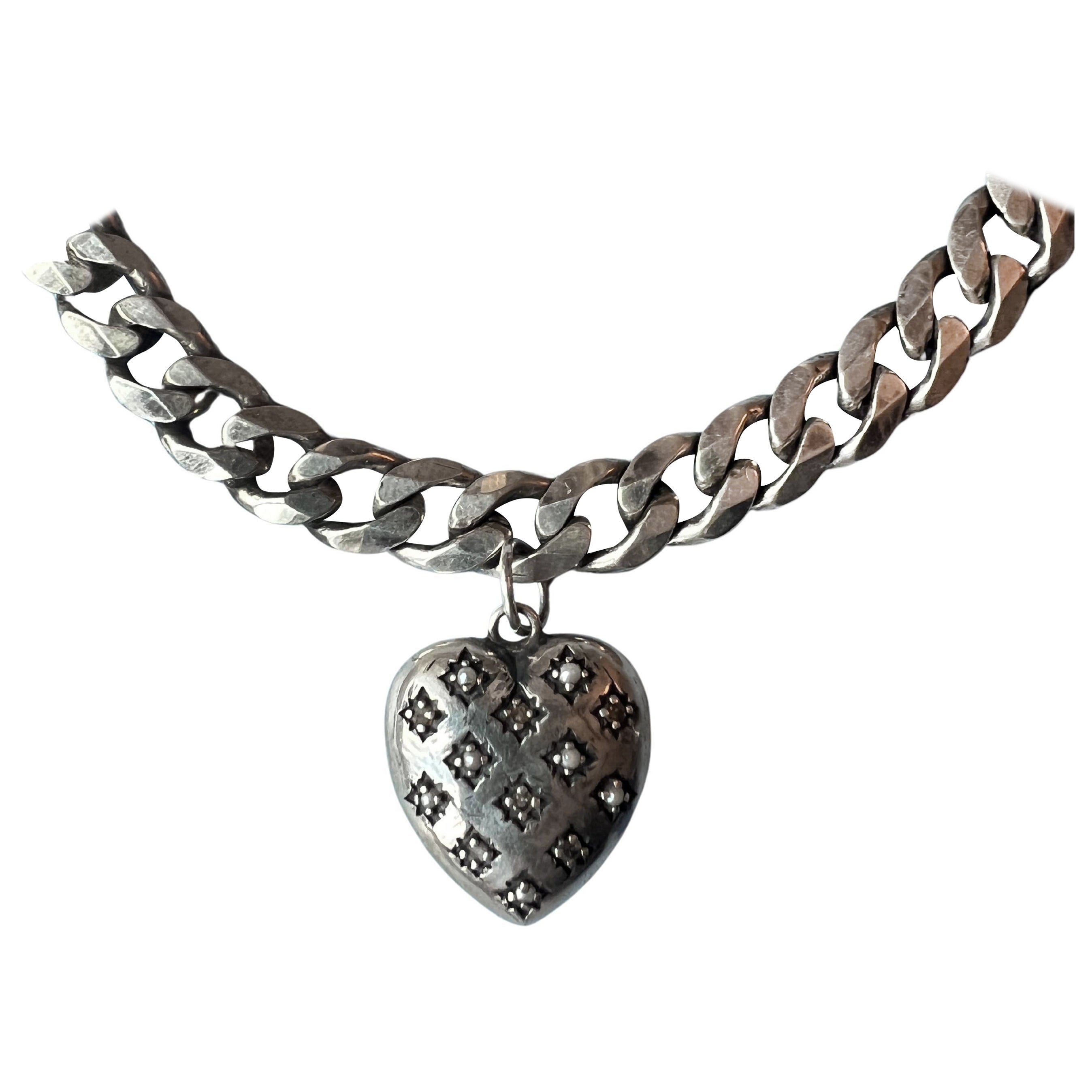 Silver Choker Heart Necklace White Diamond Pearl