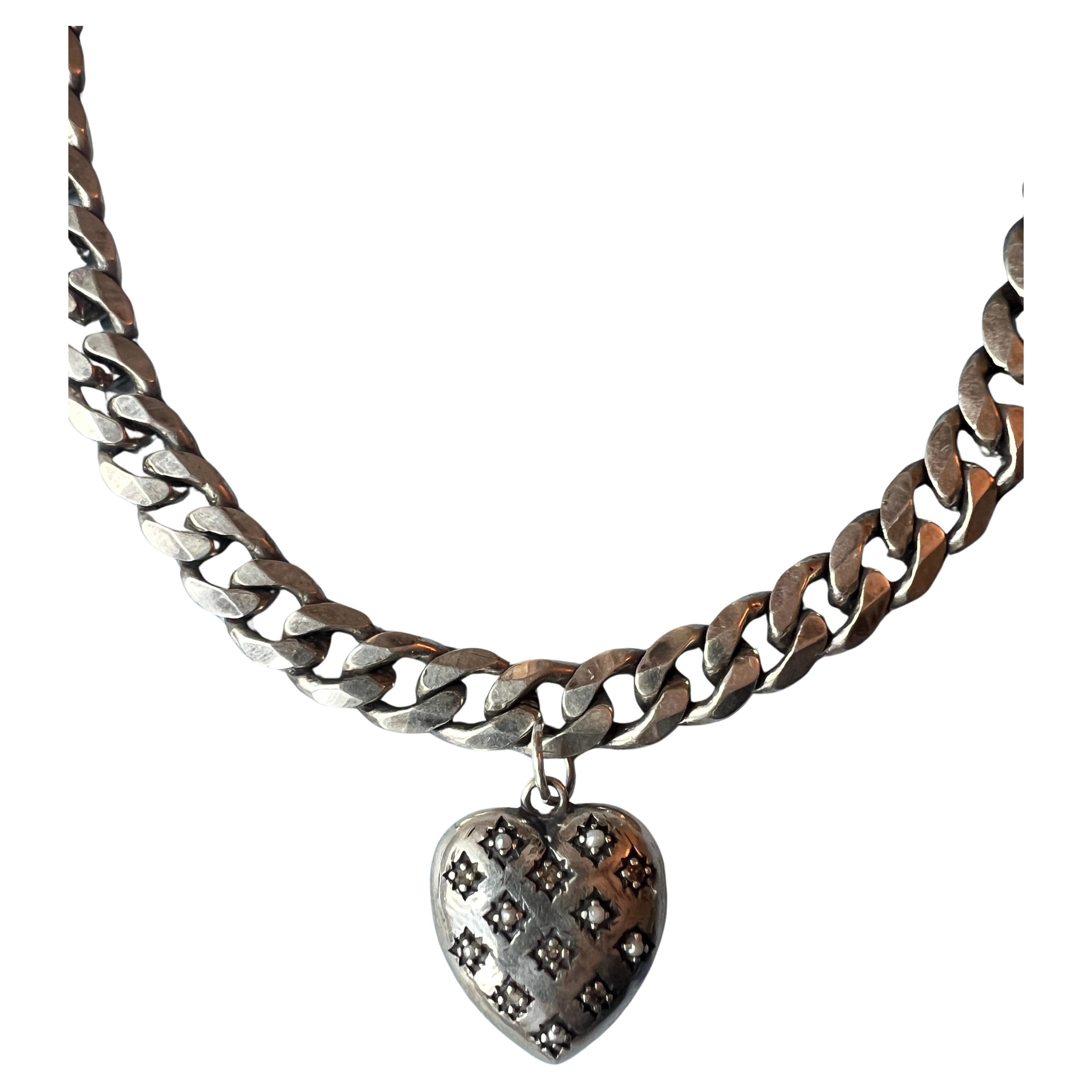 Victorian Heart Choker Necklace Silver White Diamond For Sale