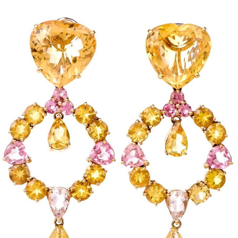 Round Cut Heart Citrine Pink Quartz Dangle Drop Chandelier 18 Karat Gold Earrings