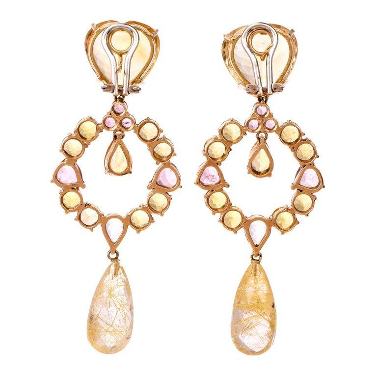 Heart Citrine Pink Quartz Dangle Drop Chandelier 18 Karat Gold Earrings In Excellent Condition In Miami, FL