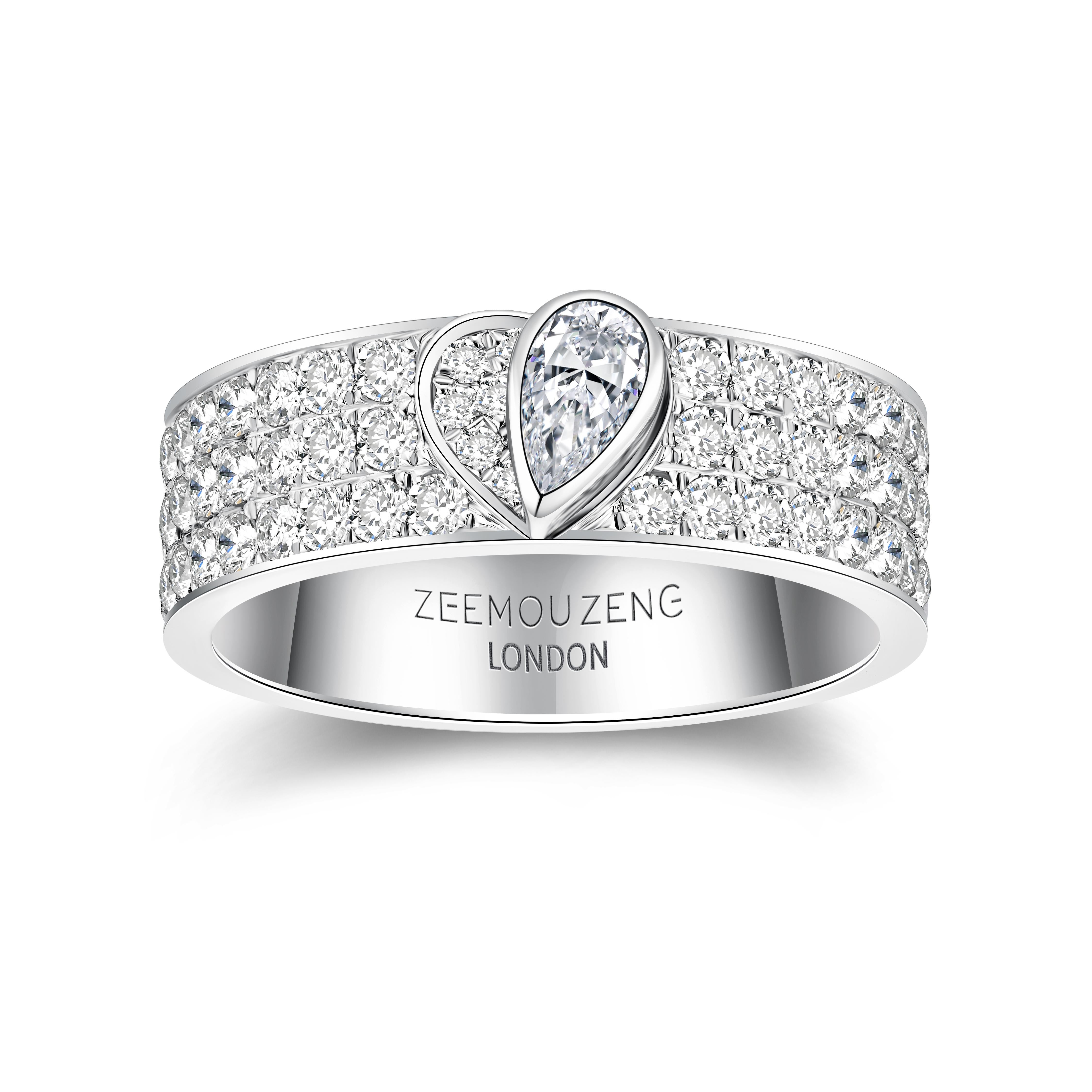 The Heart collection won Bronze Award in the category of Precious Jewellery at the Goldsmiths’ Craft & Design Awards, known as the UK ‘Jewellery Oscars’, 2022.

Heart Collection diamond band in 18k white gold set with pave diamonds, white diamond,