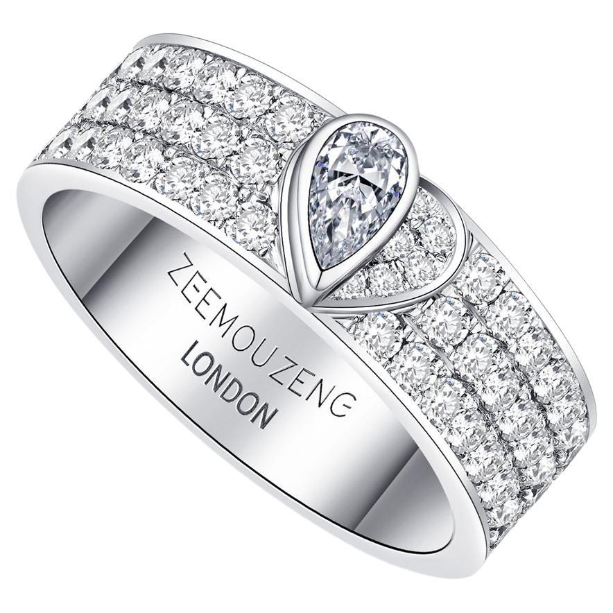 Unisex Heart Engagement Ring Diamond Band 18 Karat White Gold Pave Diamonds For Sale