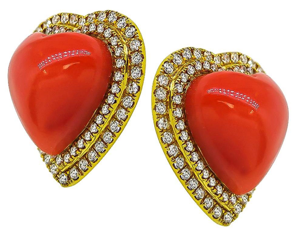 Round Cut Heart Coral Diamond Gold Earrings
