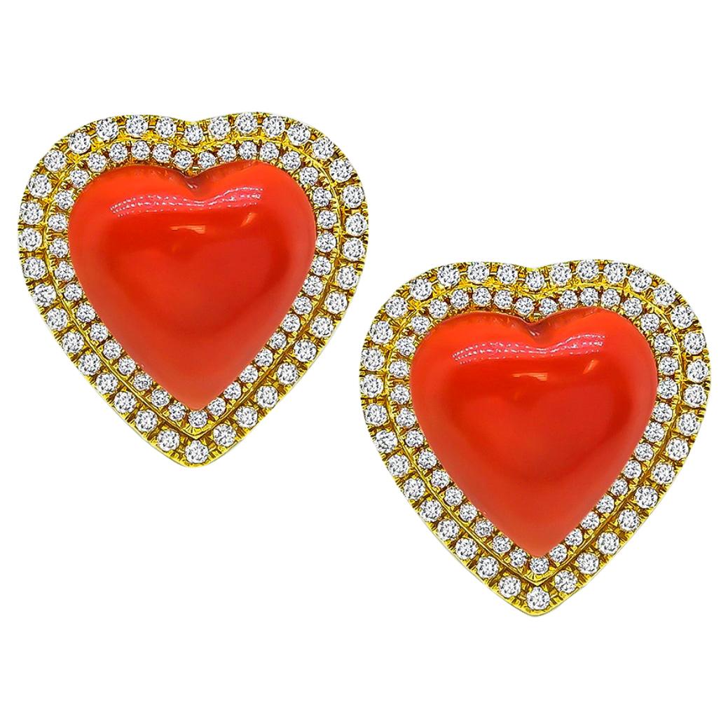 Heart Coral Diamond Gold Earrings