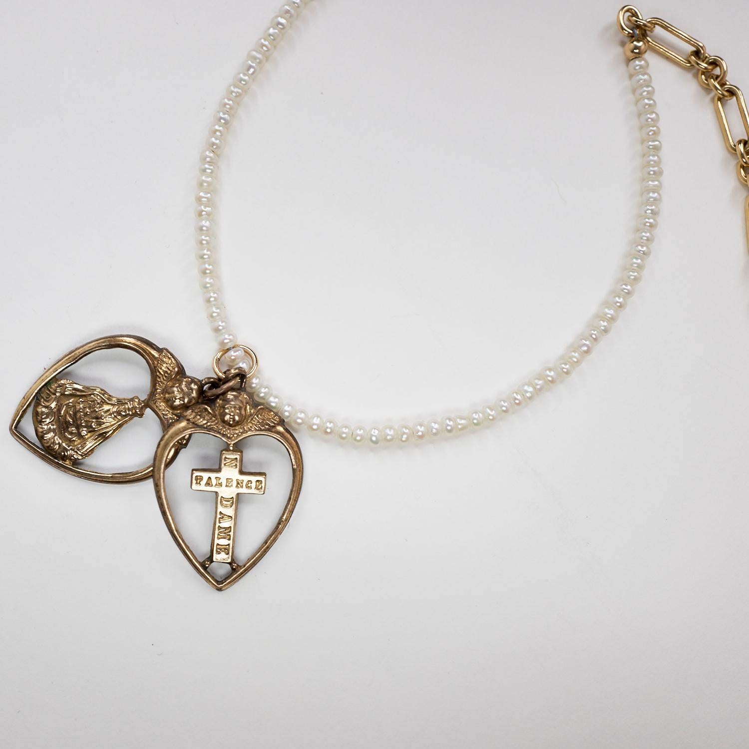 Heart Cross Rosario Necklace Spiritual Religious White Pearl Tanzanite Bronze For Sale 5