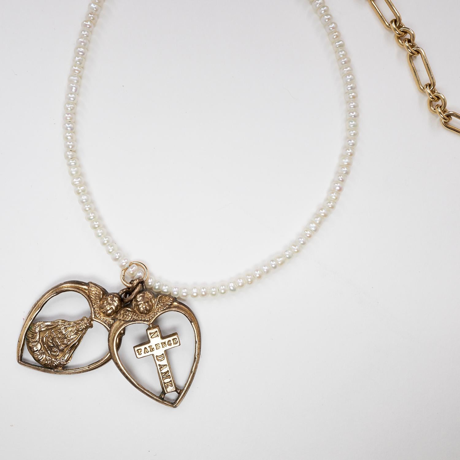 Heart Cross Rosario Necklace Spiritual Religious White Pearl Tanzanite Bronze For Sale 6
