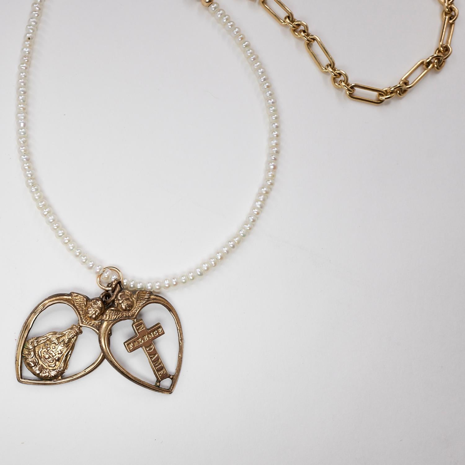 Bead Heart Cross Rosario Necklace Spiritual Religious White Pearl Tanzanite Bronze For Sale