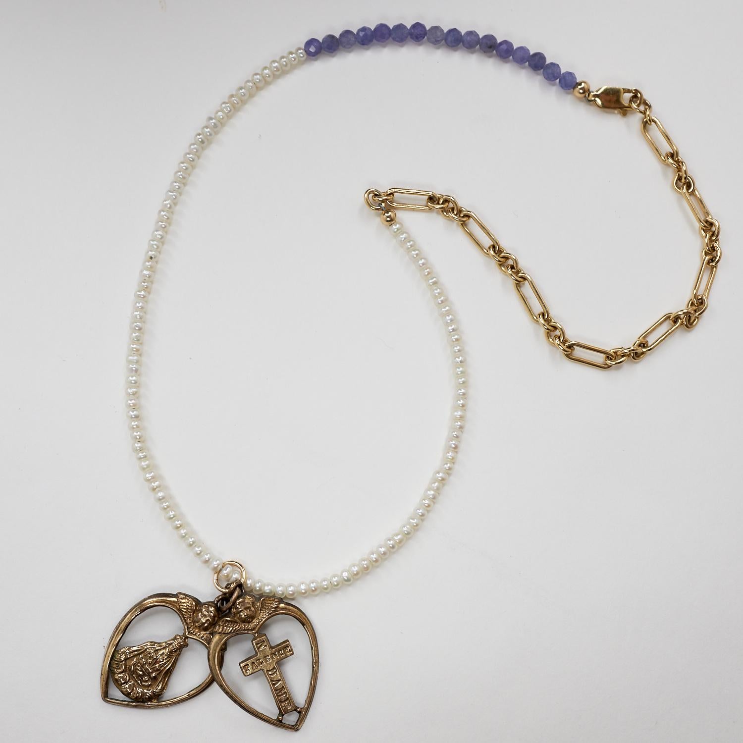 Women's Heart Cross Rosario Necklace Spiritual Religious White Pearl Tanzanite Bronze For Sale