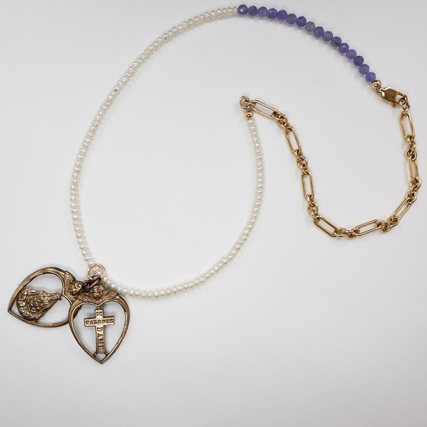 Heart Cross Rosario Necklace Spiritual Religious White Pearl Tanzanite Bronze For Sale 2