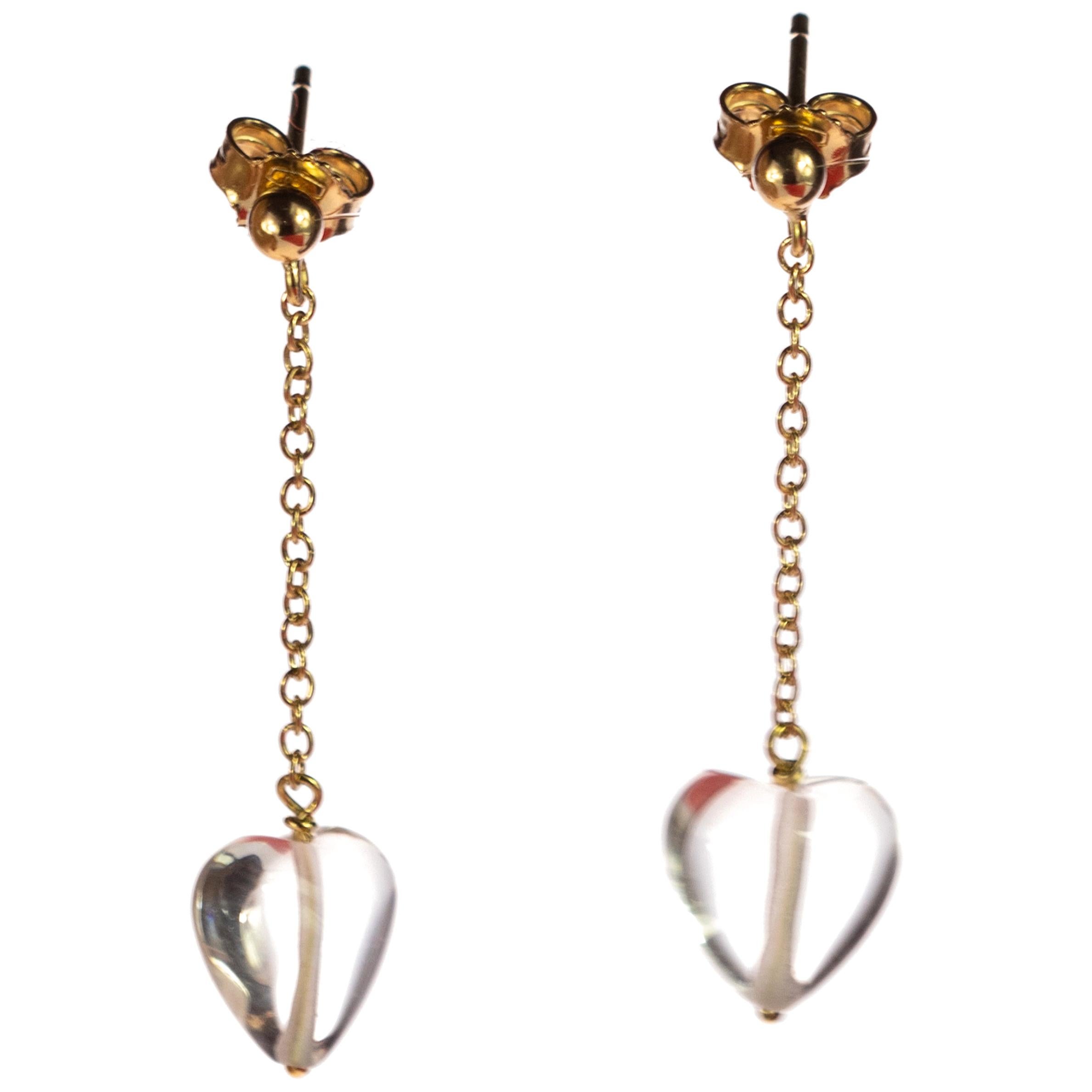 Heart Crystal Rock 18 Karat Yellow Gold Dangle Chic Valentine's Day Earrings For Sale