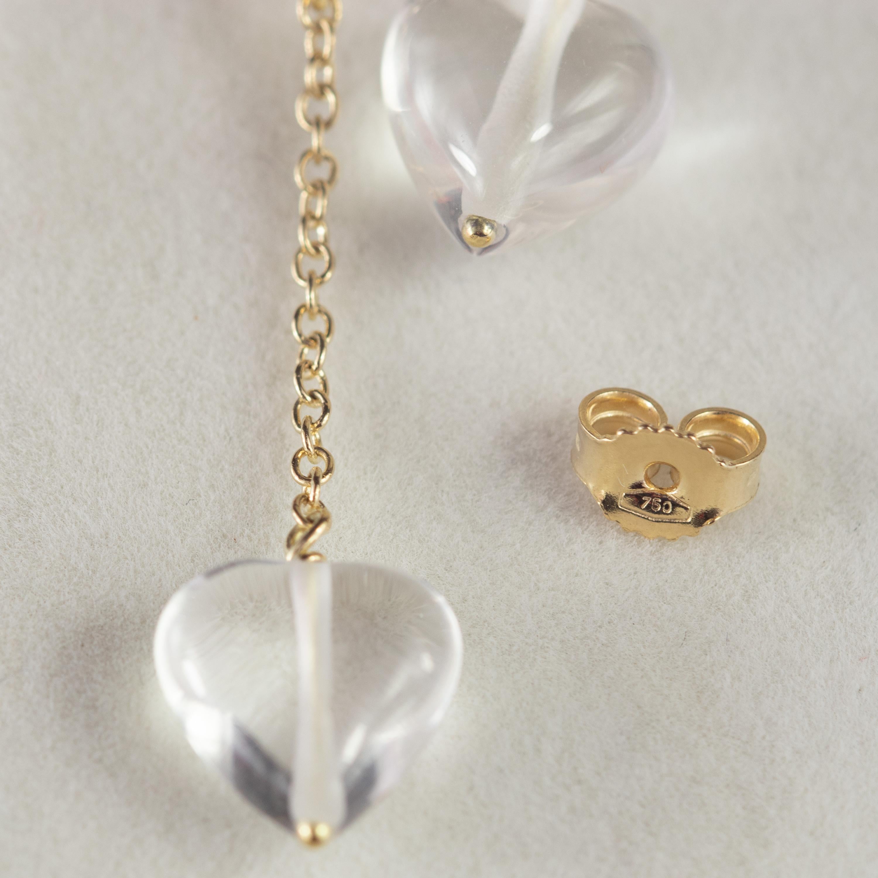 Romantic Heart Crystal Rock 18 Karat Yellow Gold Dangle Chic Valentine's Day Earrings For Sale