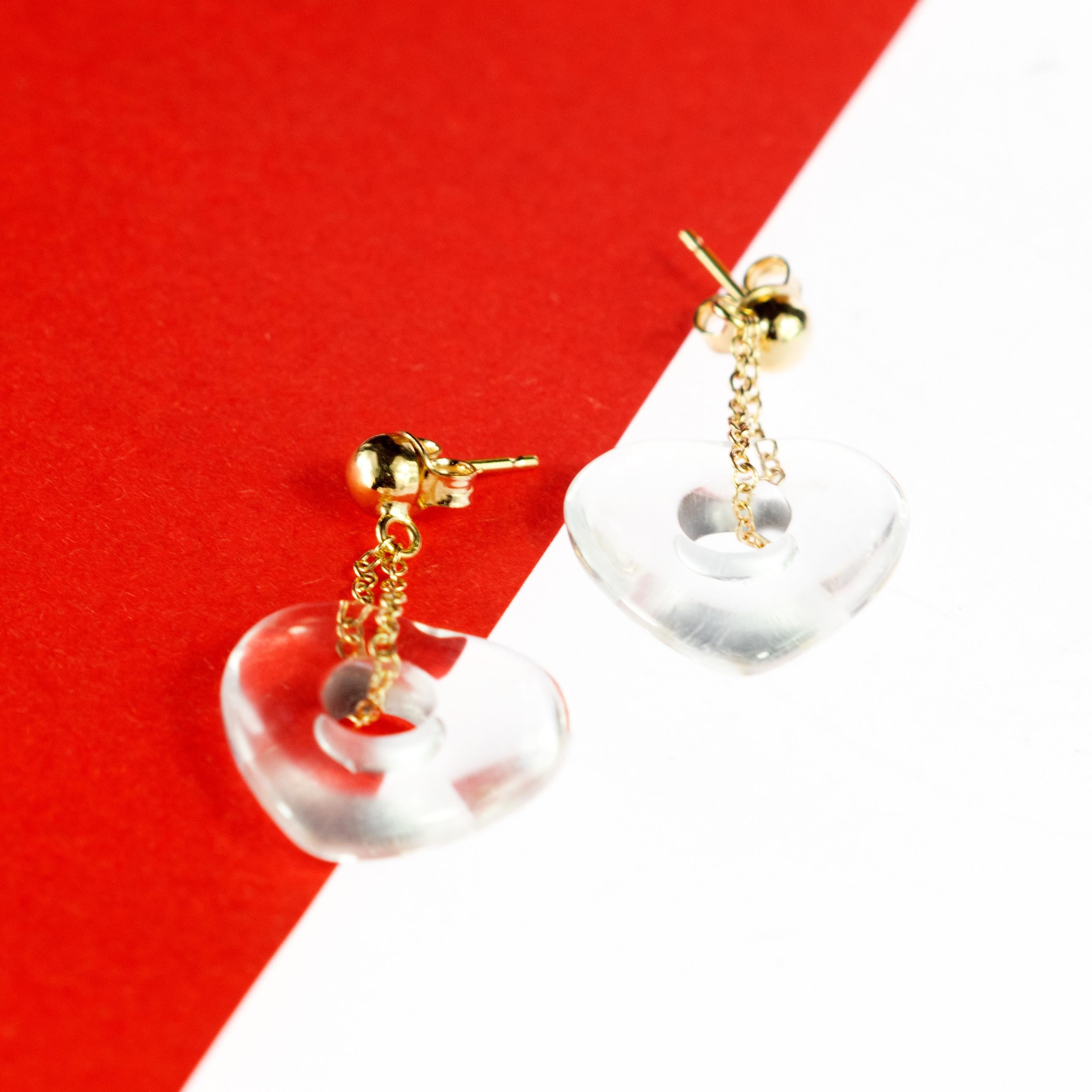 Pendants d'oreilles en or jaune 18 carats en forme de cœur et de roche en cristal de cœur de Valentin Neuf - En vente à Milano, IT