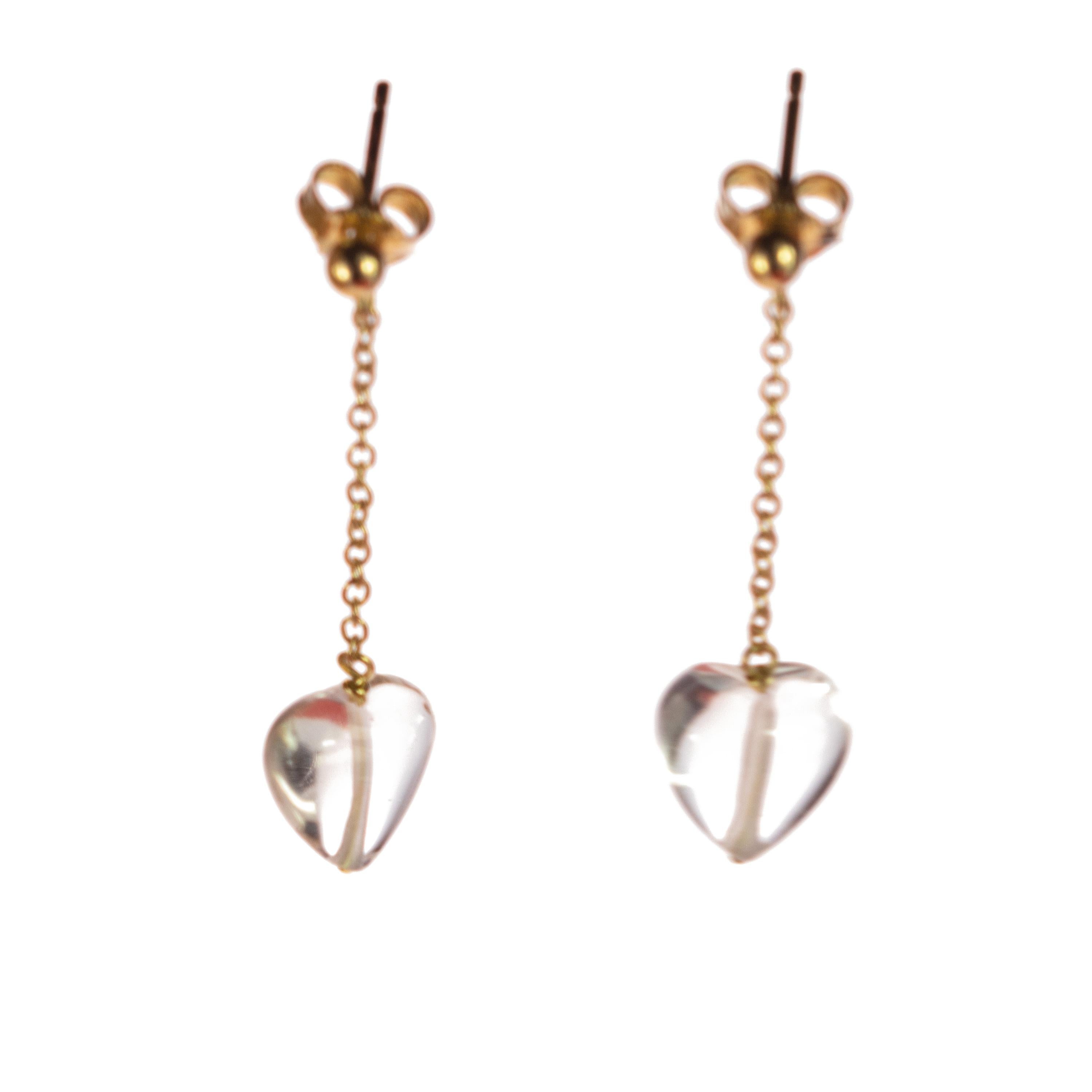 Women's Heart Crystal Rock 18 Karat Yellow Gold Dangle Chic Valentine's Day Earrings For Sale