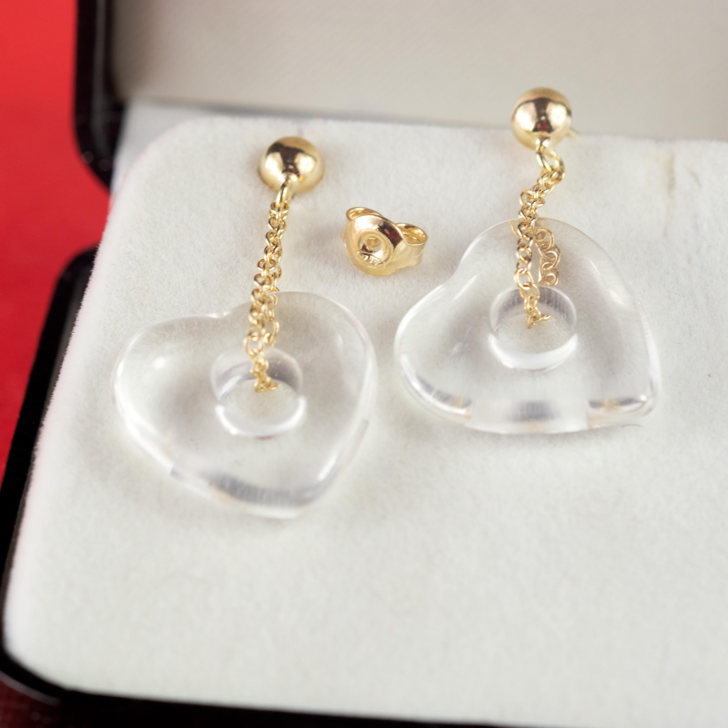 Pendants d'oreilles en or jaune 18 carats en forme de cœur et de roche en cristal de cœur de Valentin en vente 2