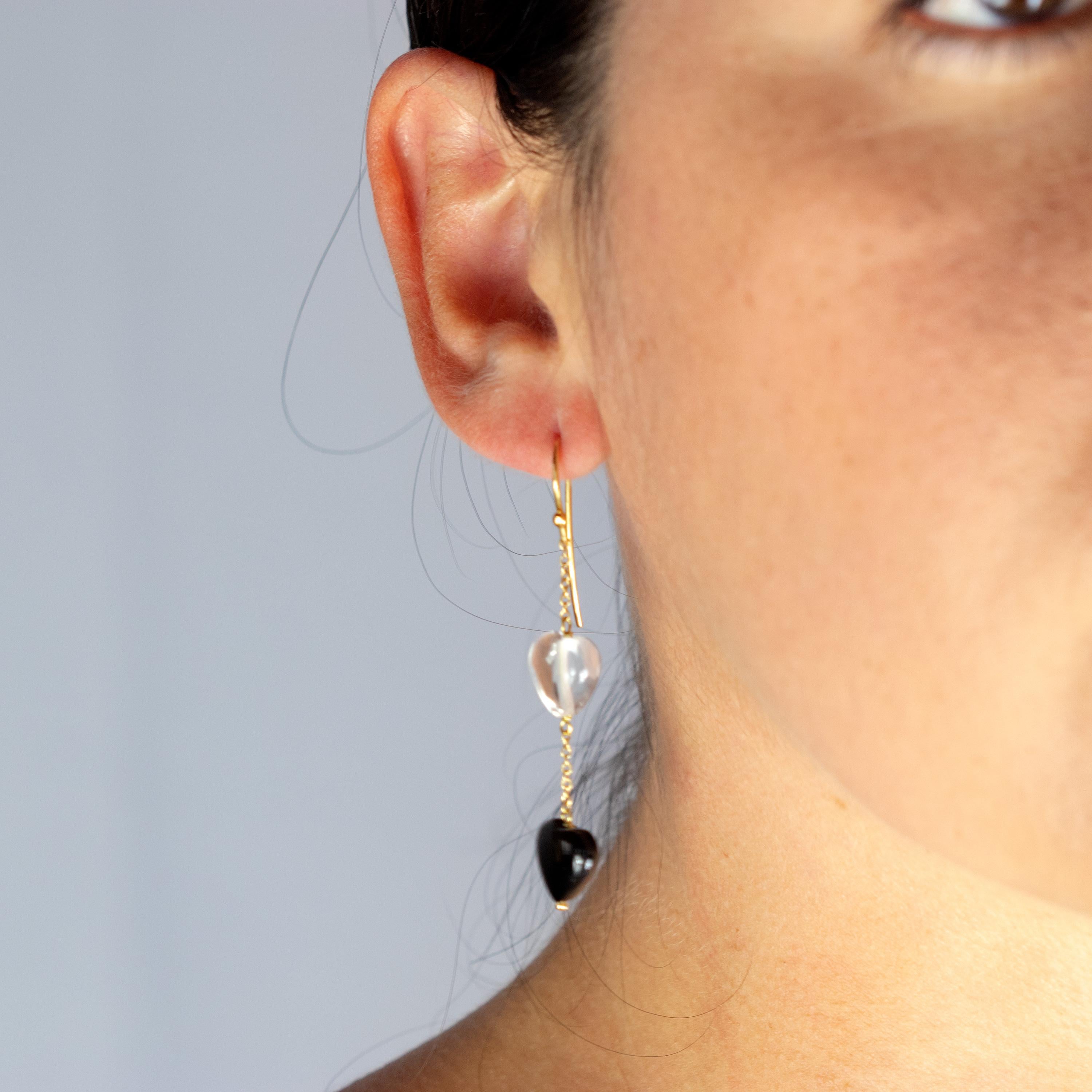 Romantique Pendants d'oreilles en or jaune 18 carats avec agate de roche et cristal en forme de cœur de Valentin en vente