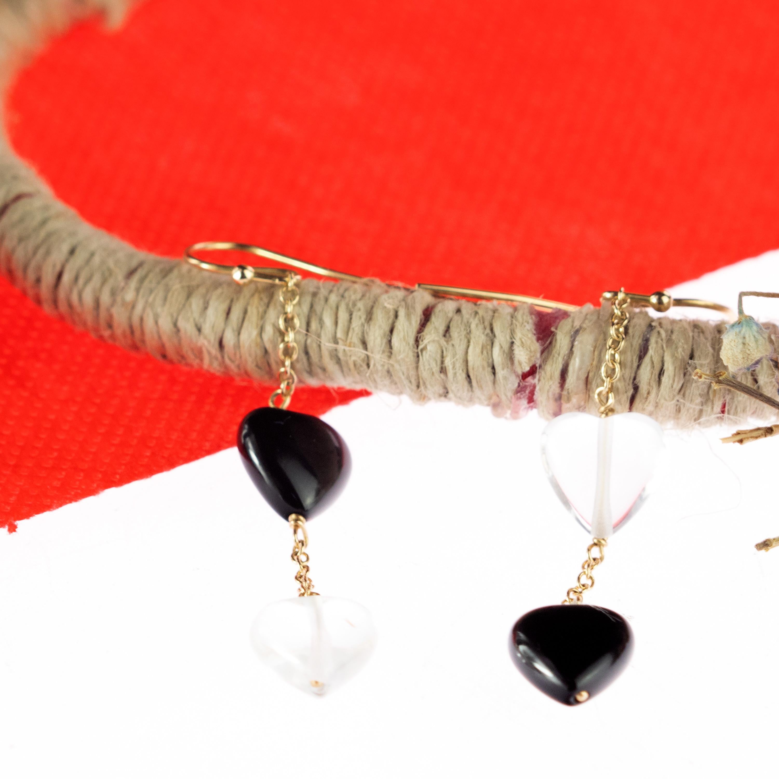 Pendants d'oreilles en or jaune 18 carats avec agate de roche et cristal en forme de cœur de Valentin Pour femmes en vente