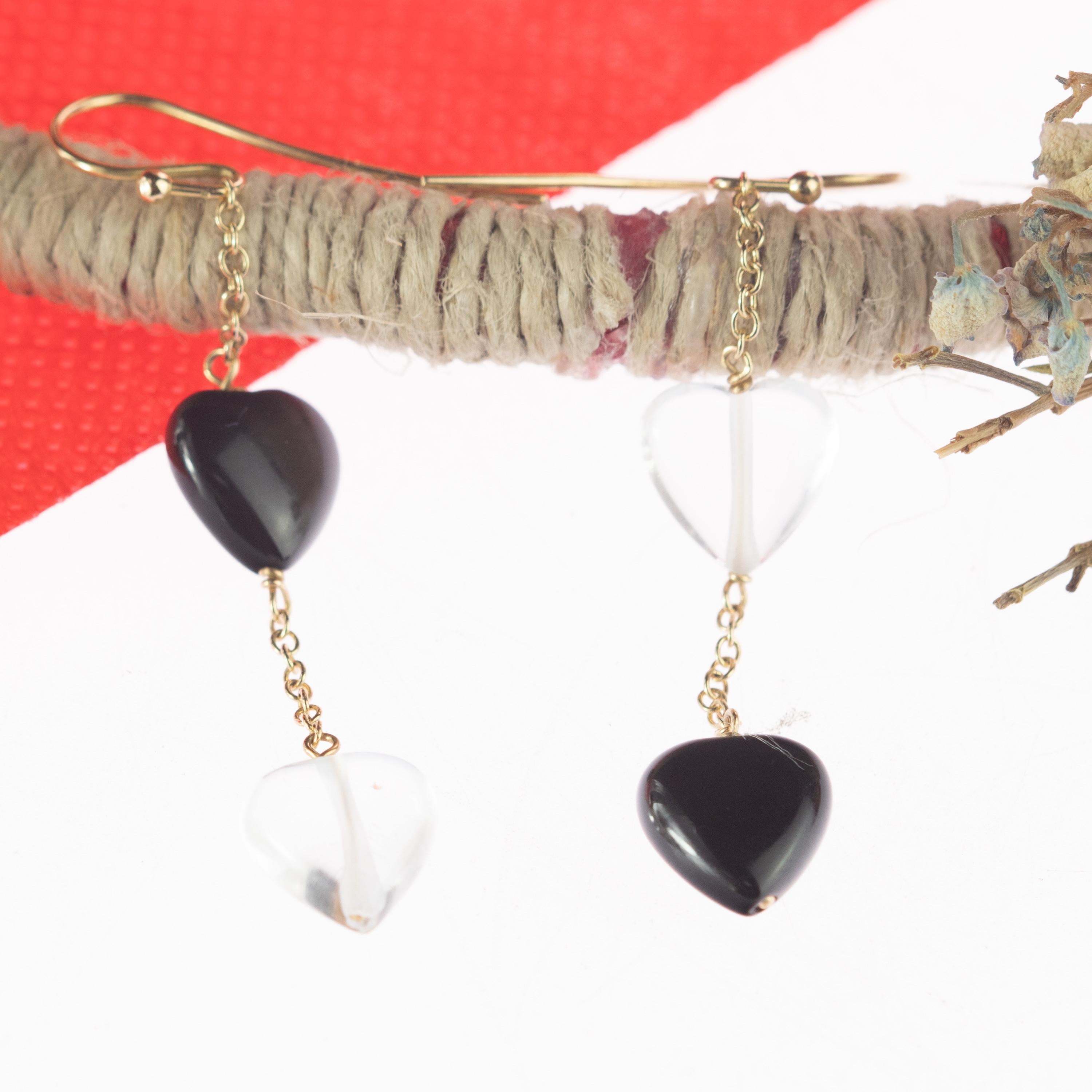 Pendants d'oreilles en or jaune 18 carats avec agate de roche et cristal en forme de cœur de Valentin en vente 5