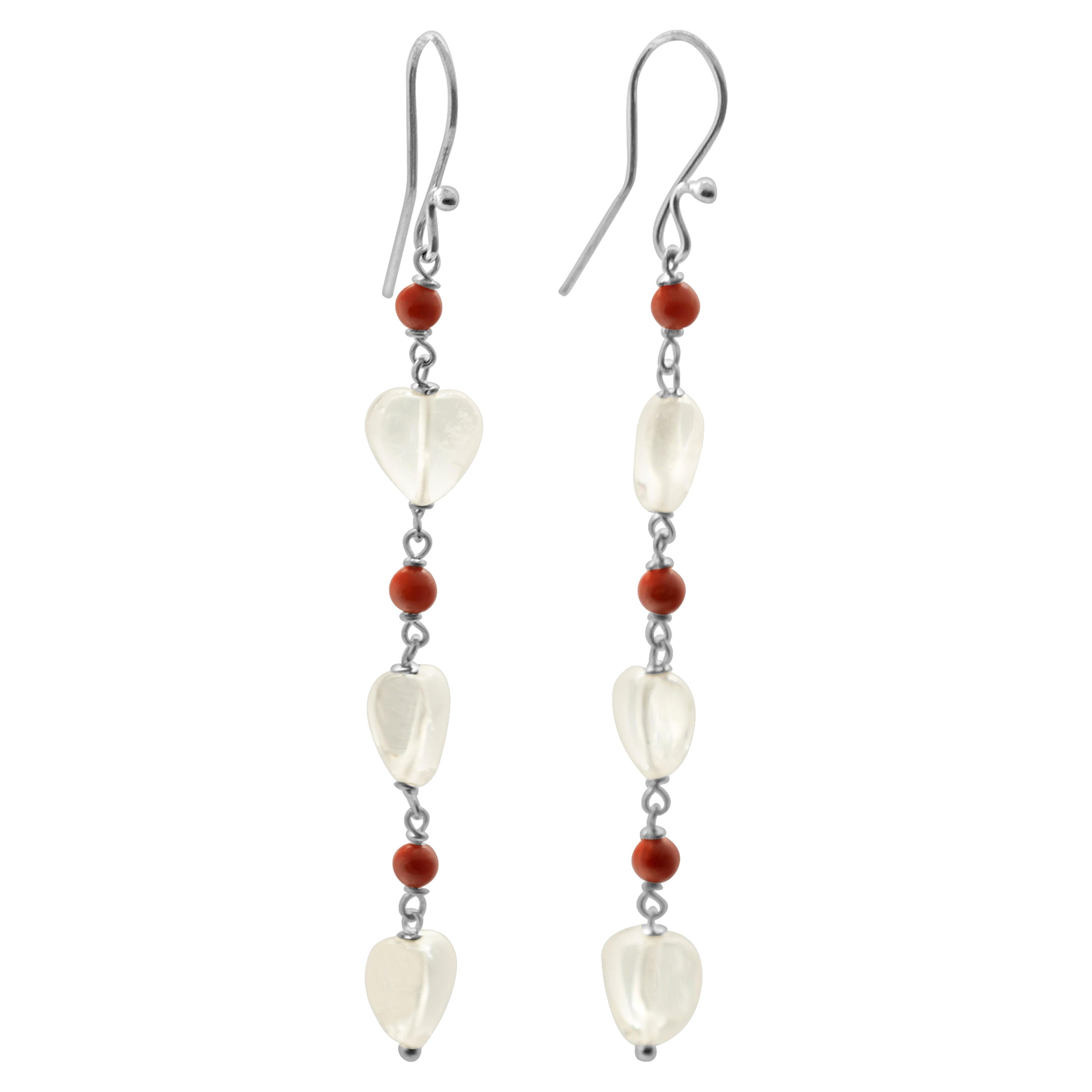 Heart Crystal Rock Sterling Silver Bamboo Coral Dangle Valentine
s Day Earrings