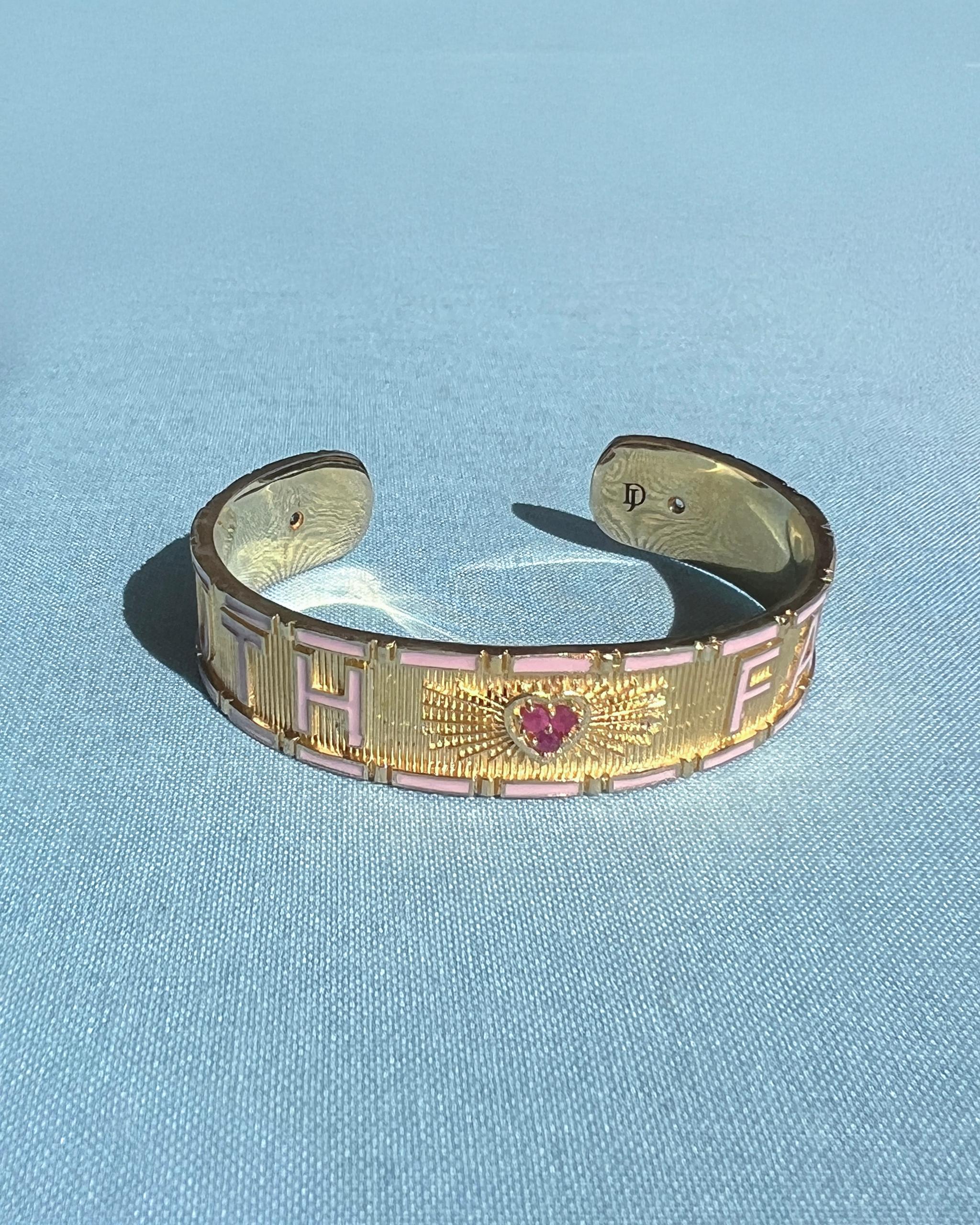 Heart Cuff Bracelet Diamond Ruby Light Light Blue Enamel Truth Faith in vendita 3
