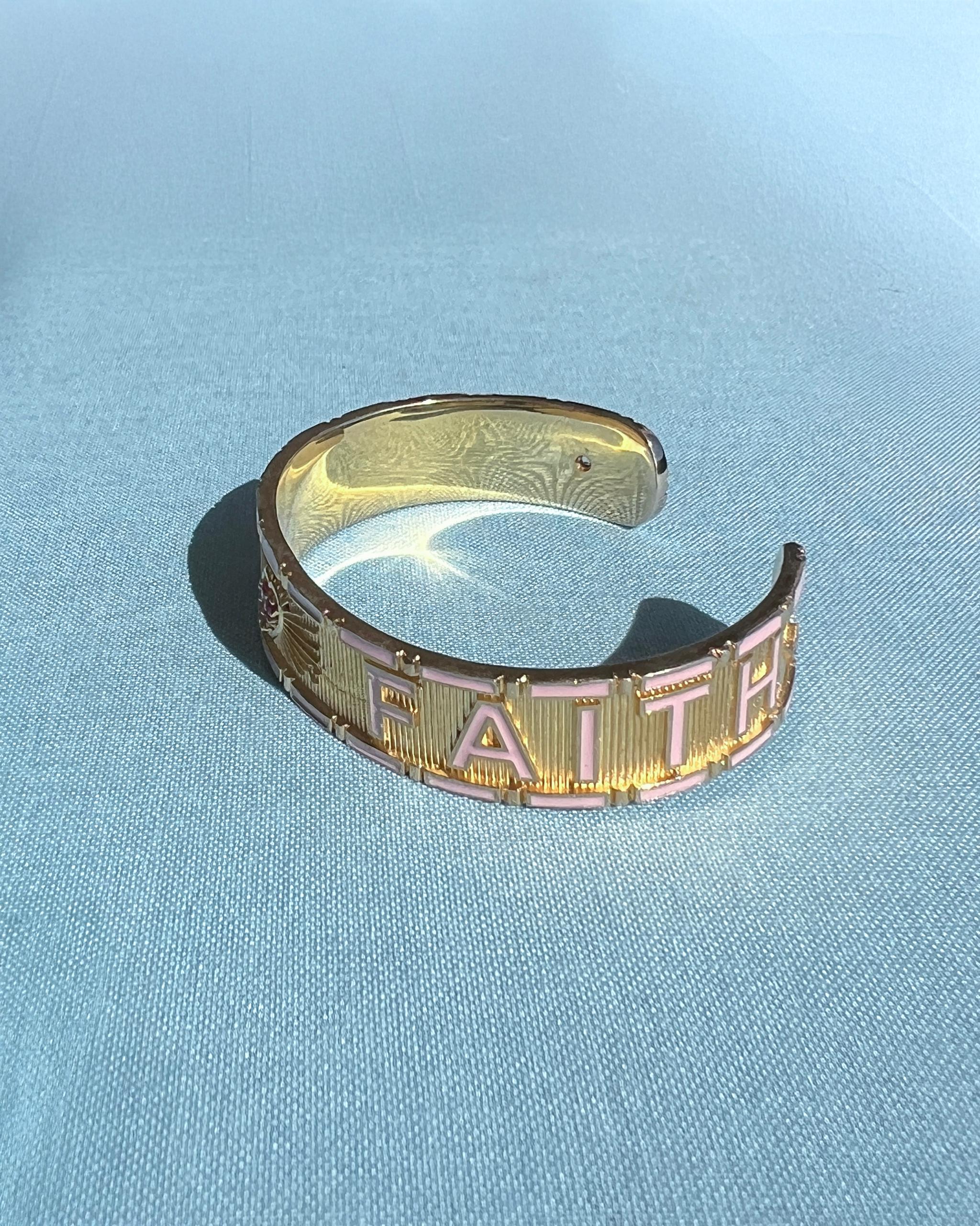 Vittoriano Heart Cuff Bracelet Diamond Ruby Light Pink Enamel Truth Faith in vendita