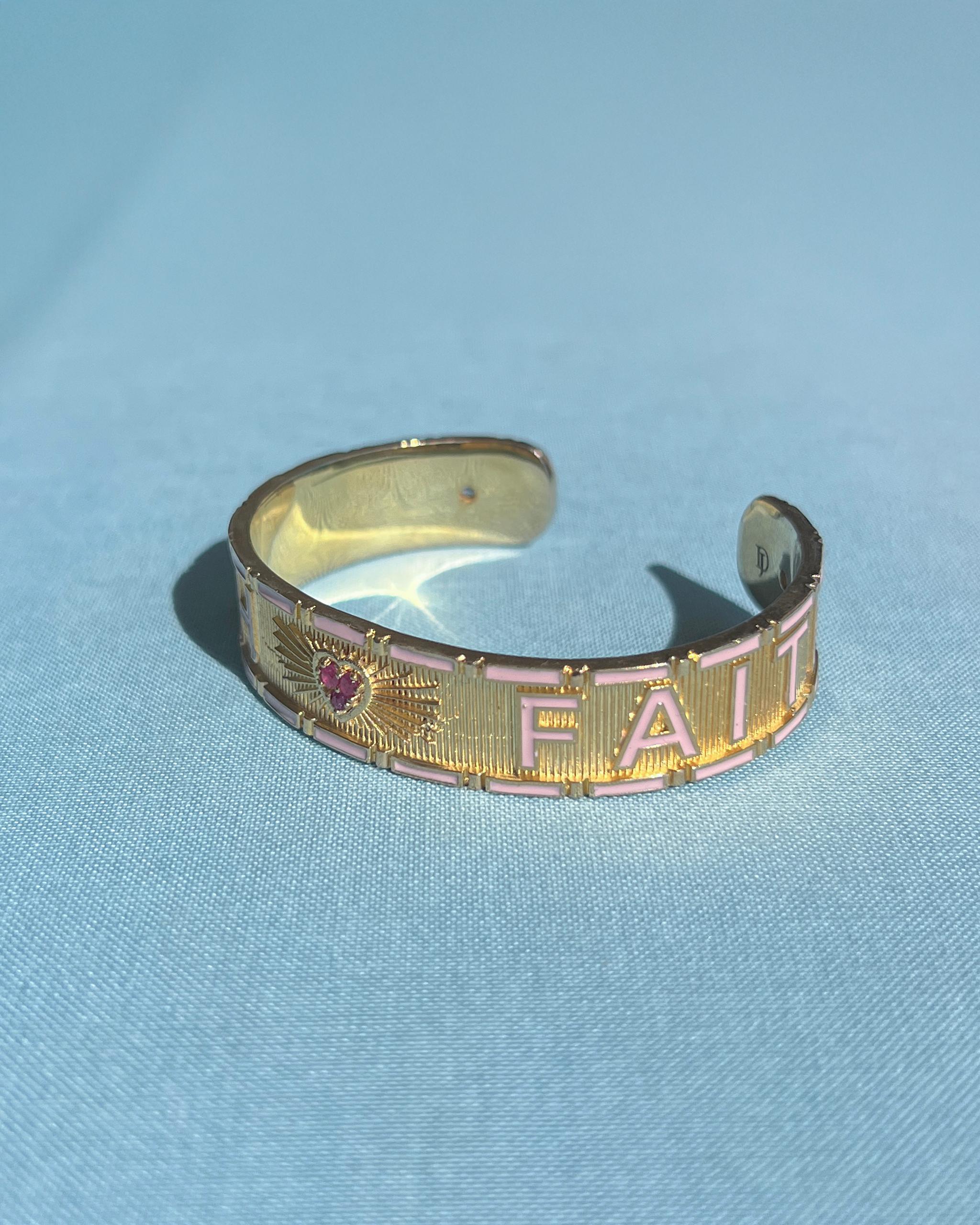 Donna Heart Cuff Bracelet Diamond Ruby Light Pink Enamel Truth Faith in vendita