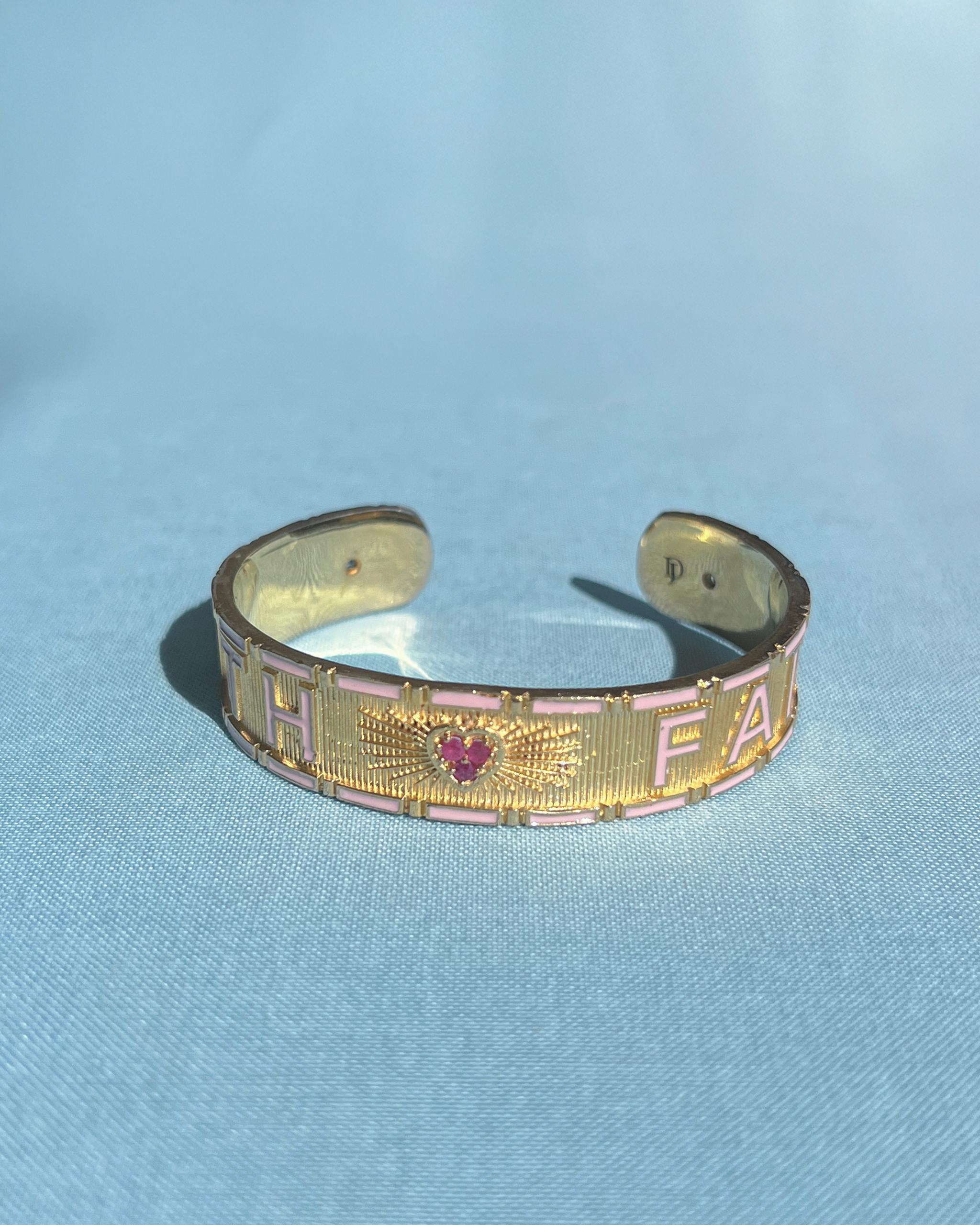 Heart Cuff Bracelet Diamond Ruby Light Pink Enamel Truth Faith in vendita 1