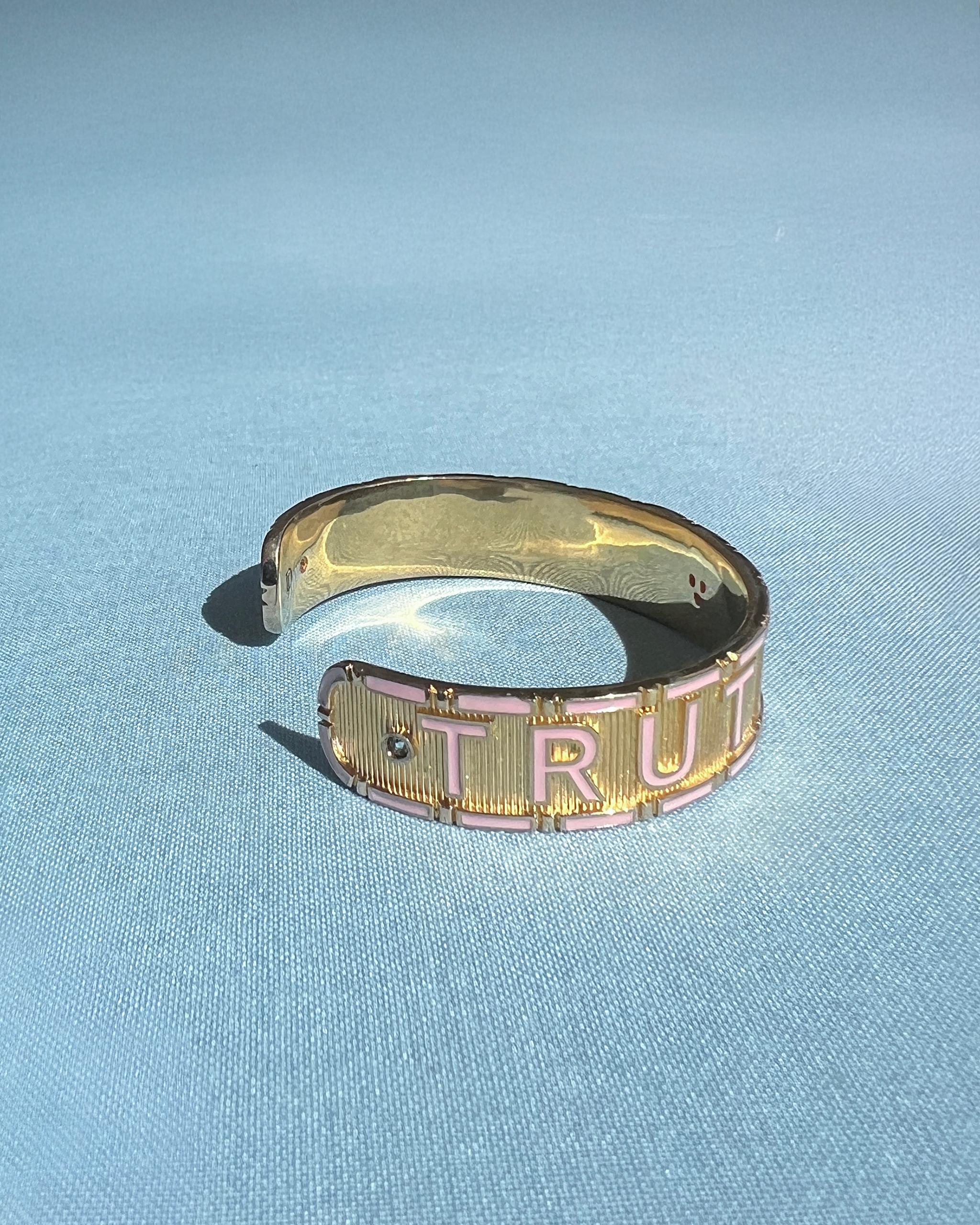 Heart Cuff Bracelet Diamond Ruby Light Pink Enamel Truth Faith in vendita 3