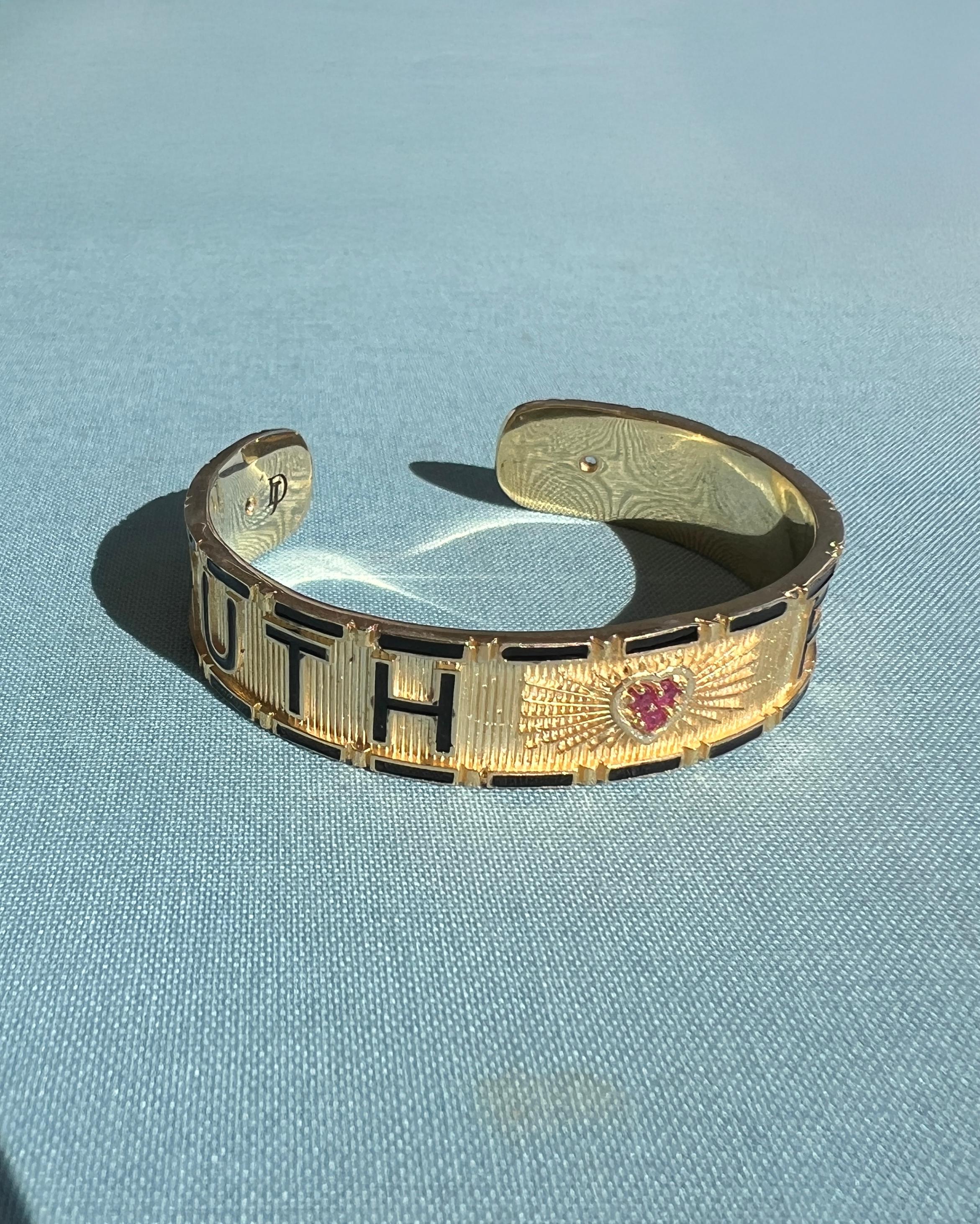 Victorian Heart Cuff Bracelet Ruby Enamel Truth Faith For Sale