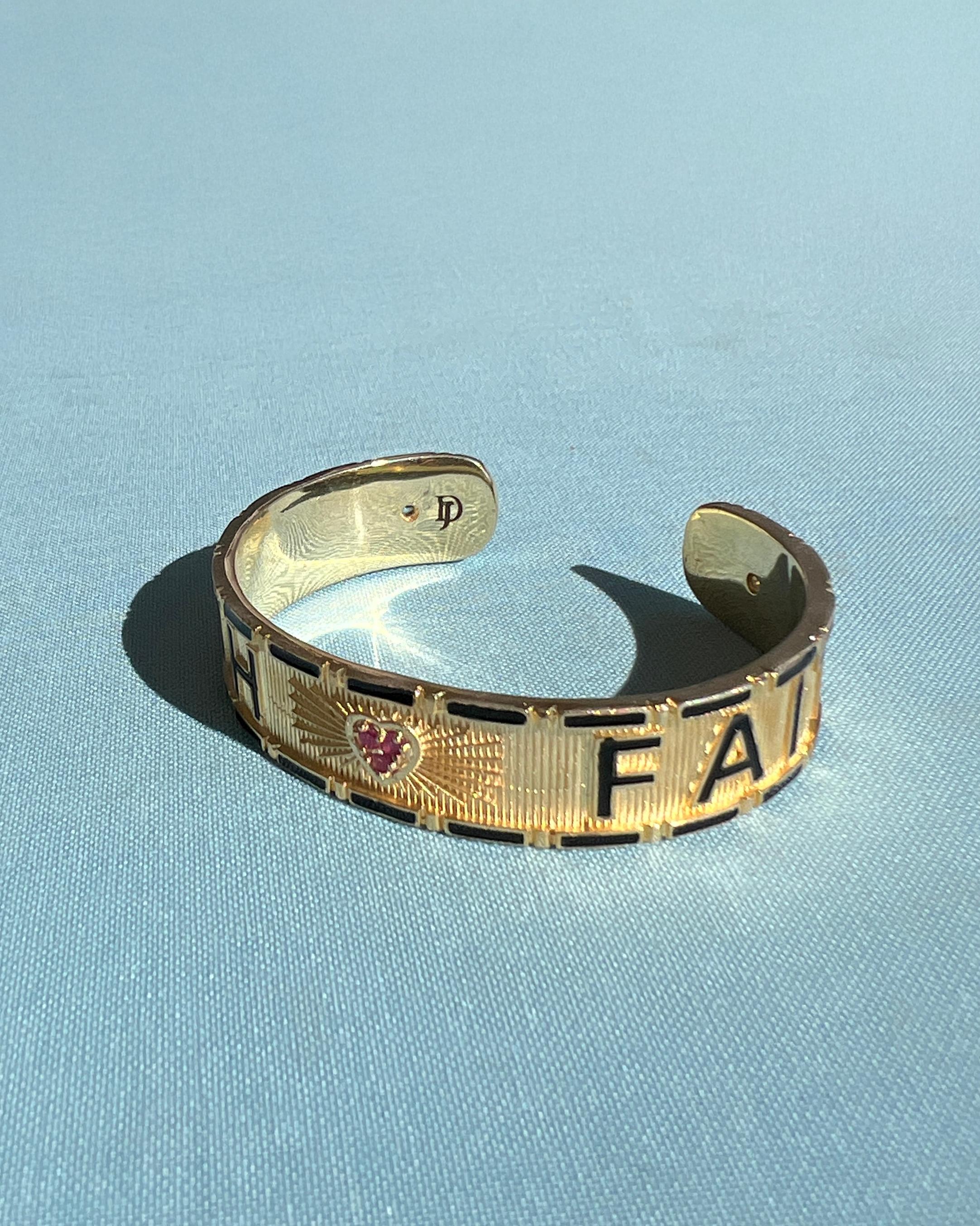 Single Cut Heart Cuff Bracelet Ruby Enamel Truth Faith For Sale