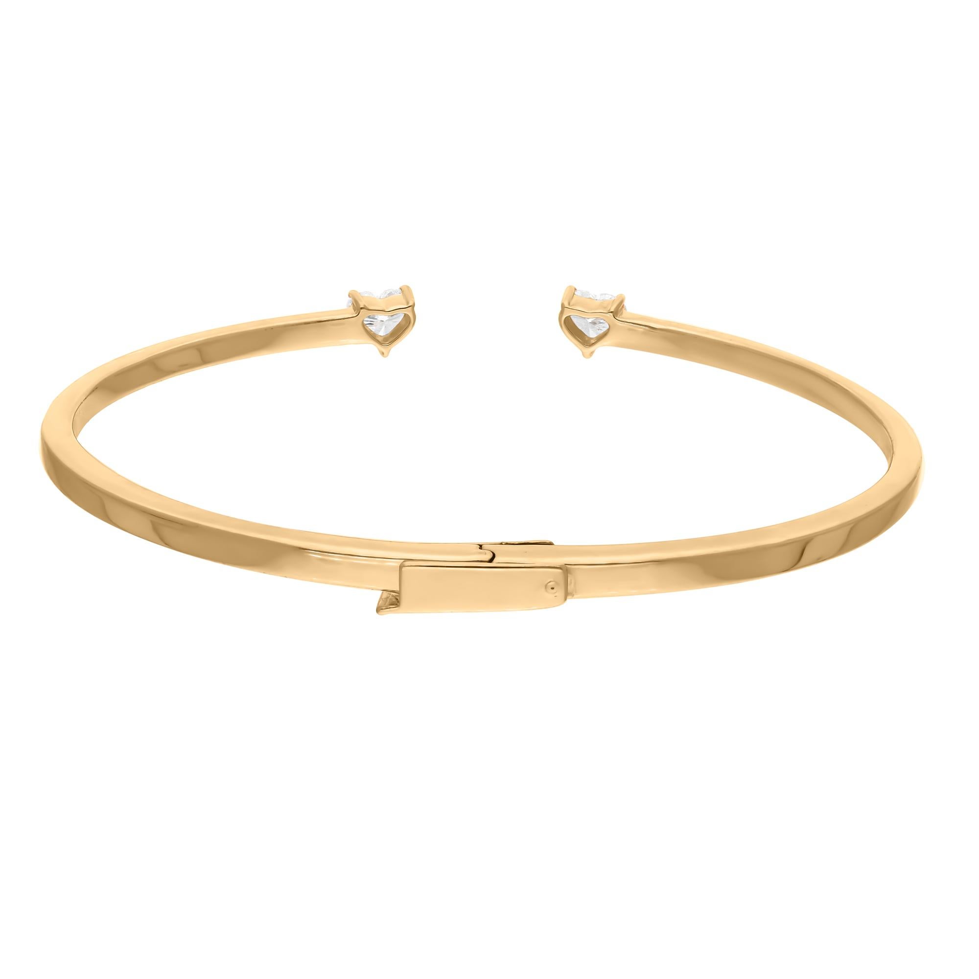 Women's Minimalist Heart Cut 0.66 Carat Diamond Cuff Bangle Bracelet 14k Yellow Gold For Sale
