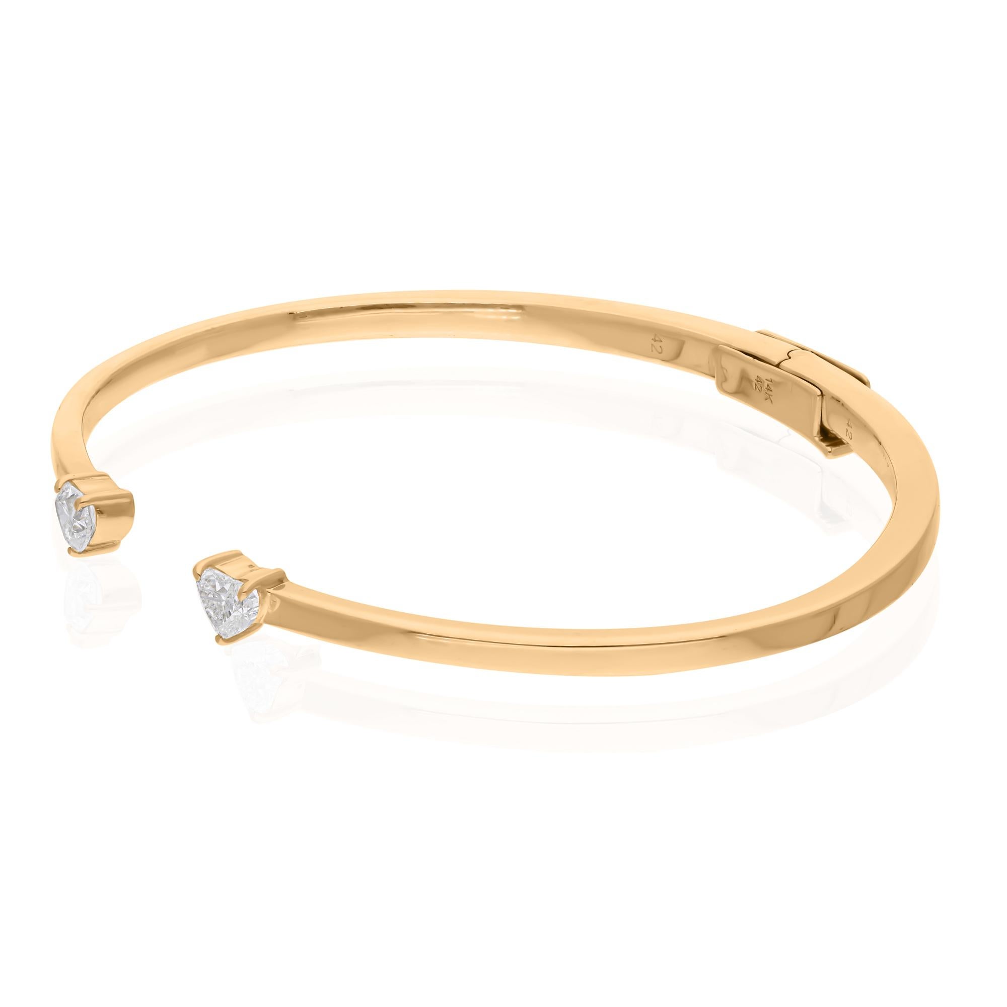 Minimalist Heart Cut 0.66 Carat Diamond Cuff Bangle Bracelet 14k Yellow Gold For Sale 1