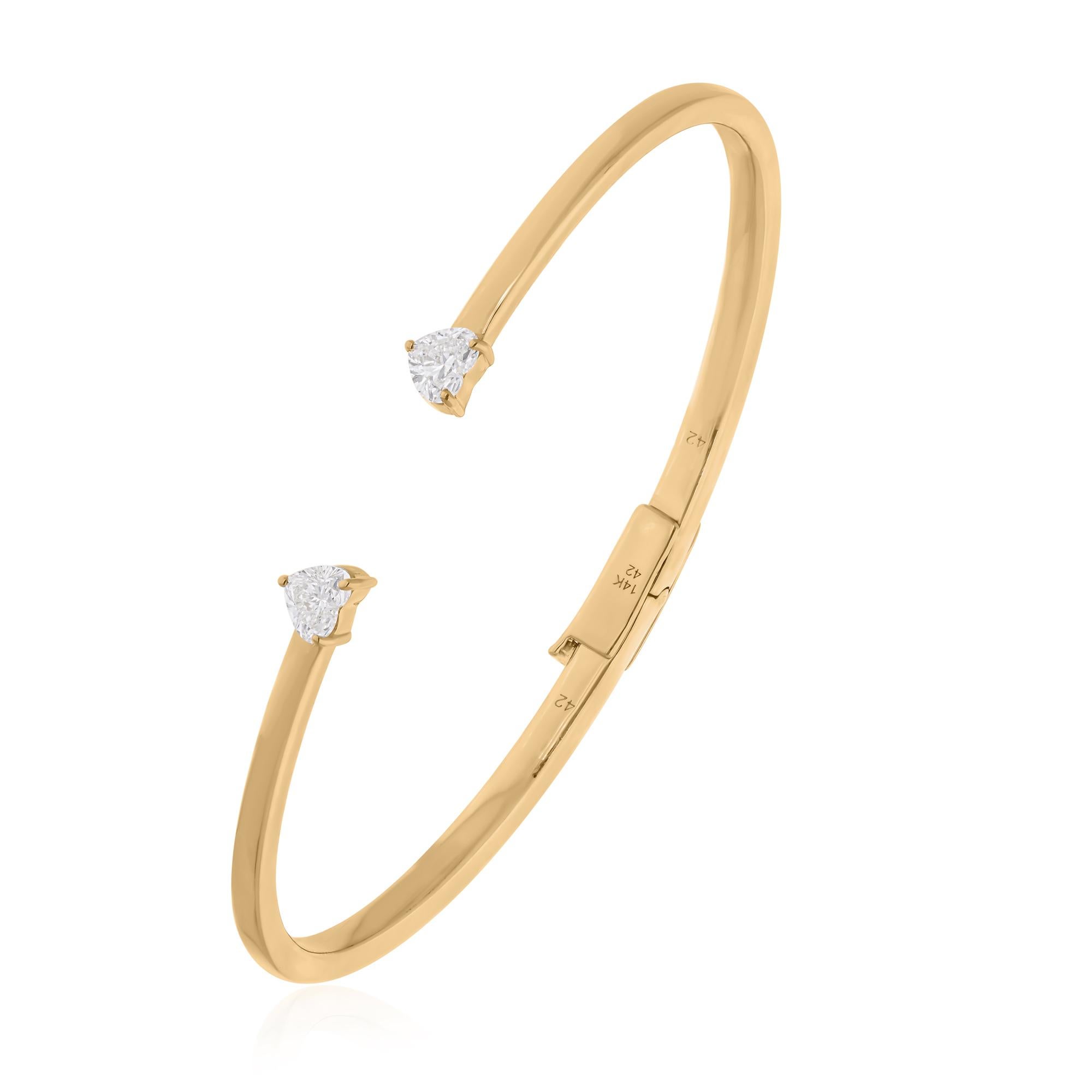 Minimalist Heart Cut 0.66 Carat Diamond Cuff Bangle Bracelet 14k Yellow Gold For Sale 2
