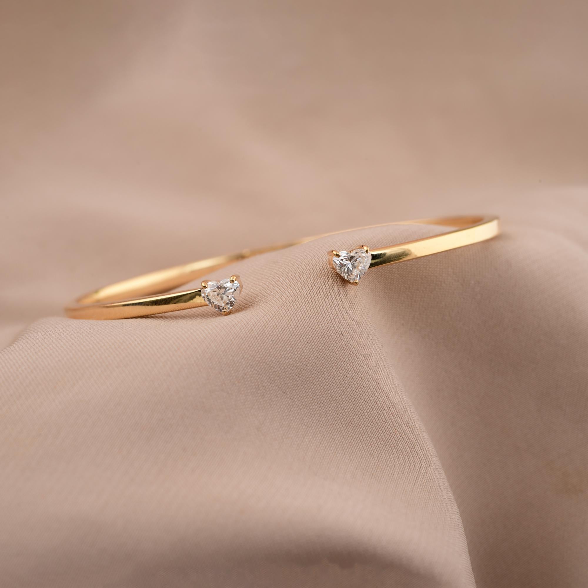Minimalist Heart Cut 0.66 Carat Diamond Cuff Bangle Bracelet 14k Yellow Gold For Sale 3