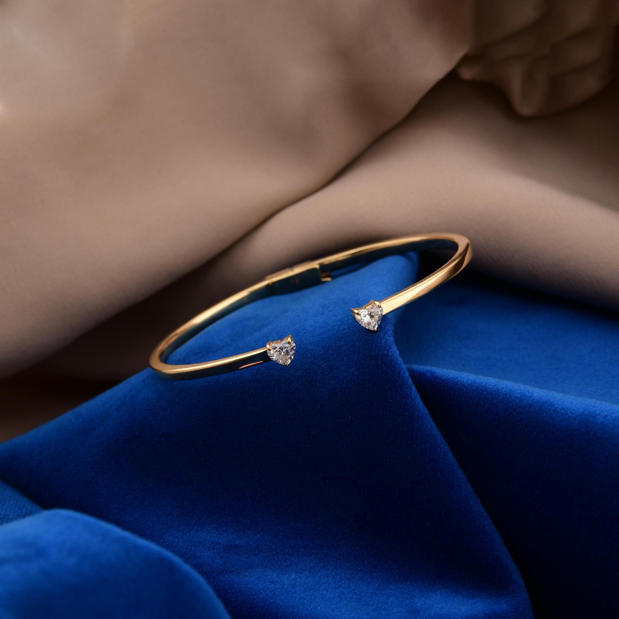 Minimalist Heart Cut 0.66 Carat Diamond Cuff Bangle Bracelet 14k Yellow Gold For Sale 4