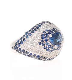 Heart Cut 1.27ct Blue Sapphire Diamond Cocktail Ring in 18k White Gold