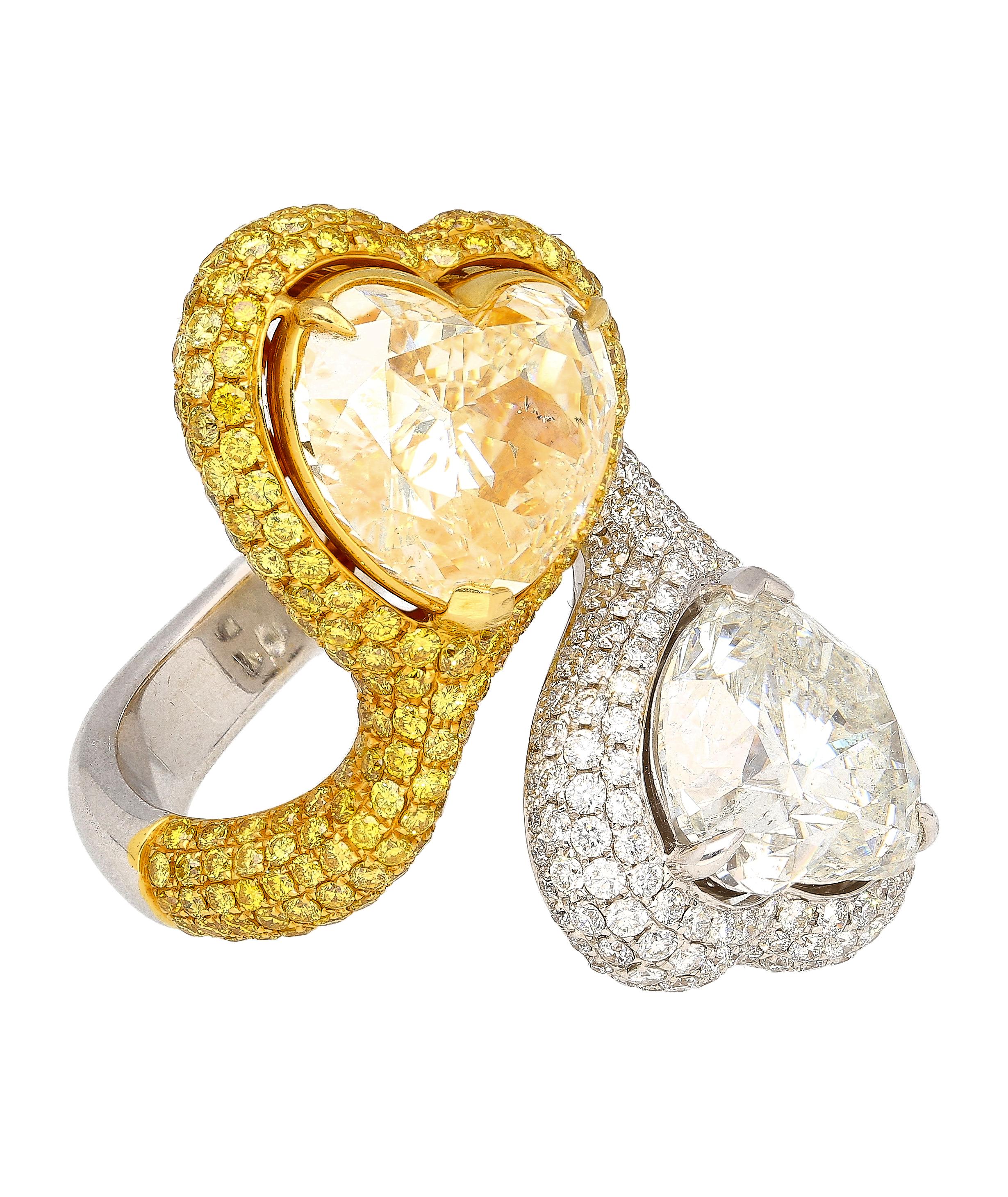 Heart Cut 5.79 & 5.73 Carat Fancy Yellow and White Diamond Toi Et Moi Ring In New Condition For Sale In Miami, FL