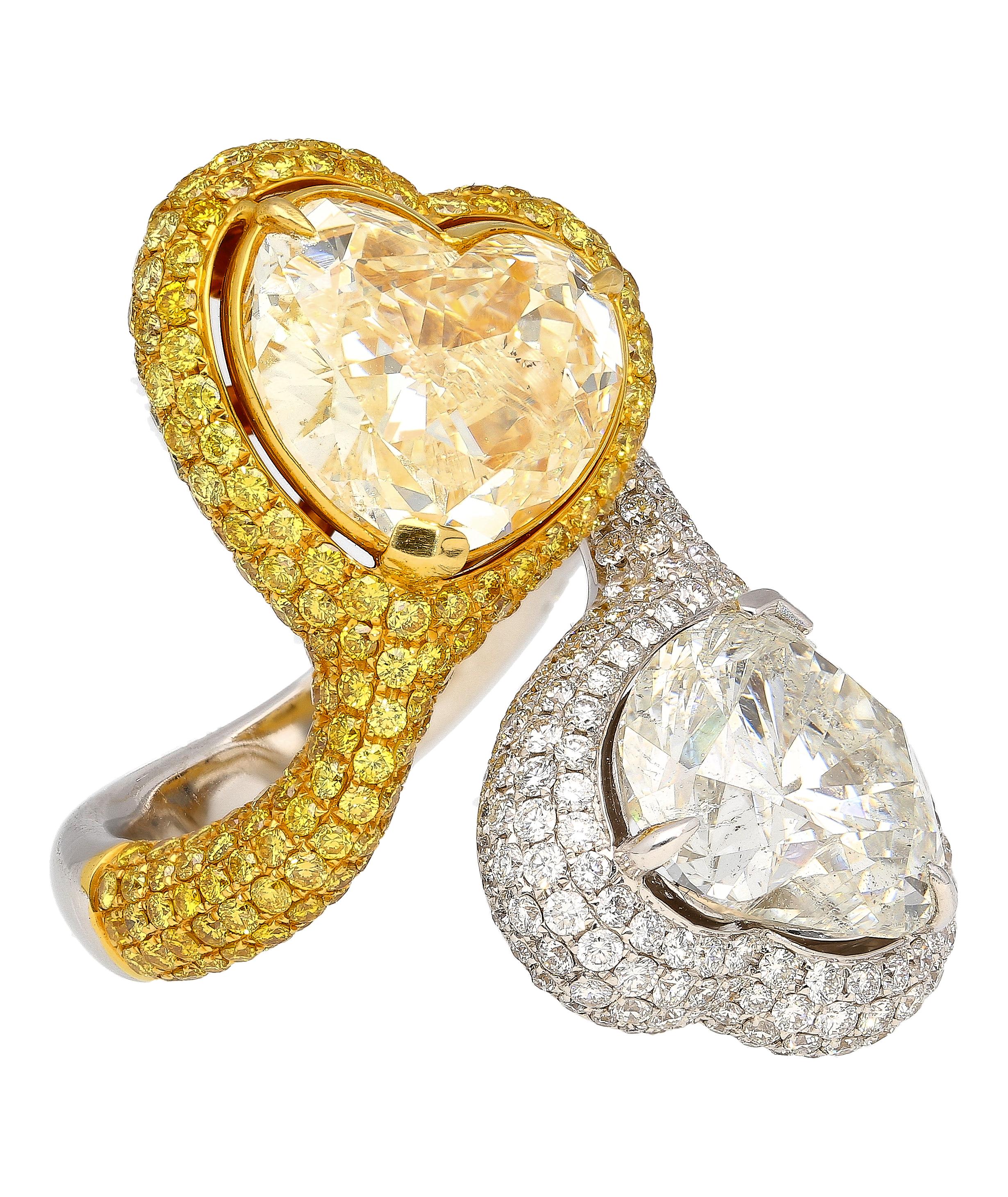 Women's Heart Cut 5.79 & 5.73 Carat Fancy Yellow and White Diamond Toi Et Moi Ring For Sale