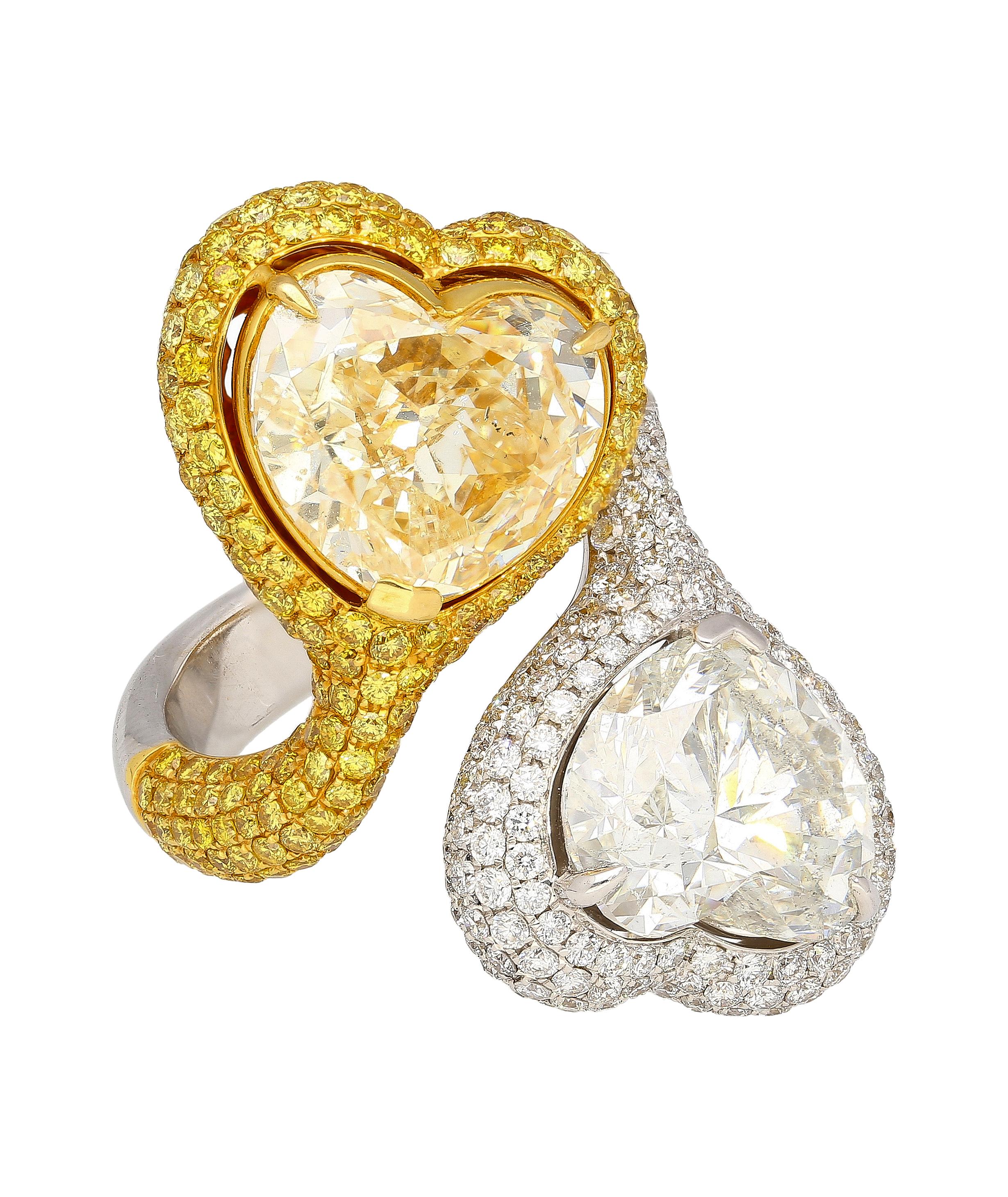 Heart Cut 5.79 & 5.73 Carat Fancy Yellow and White Diamond Toi Et Moi Ring For Sale 1
