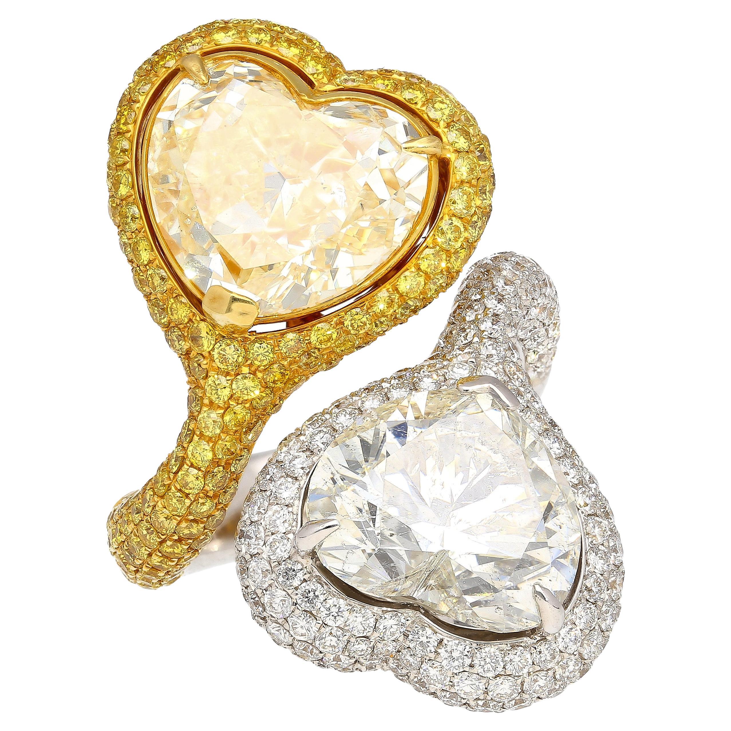 Heart Cut 5.79 & 5.73 Carat Fancy Yellow and White Diamond Toi Et Moi Ring For Sale