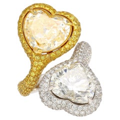 Heart Cut 5.79 & 5.73 Carat Fancy Yellow and White Diamond Toi Et Moi Ring