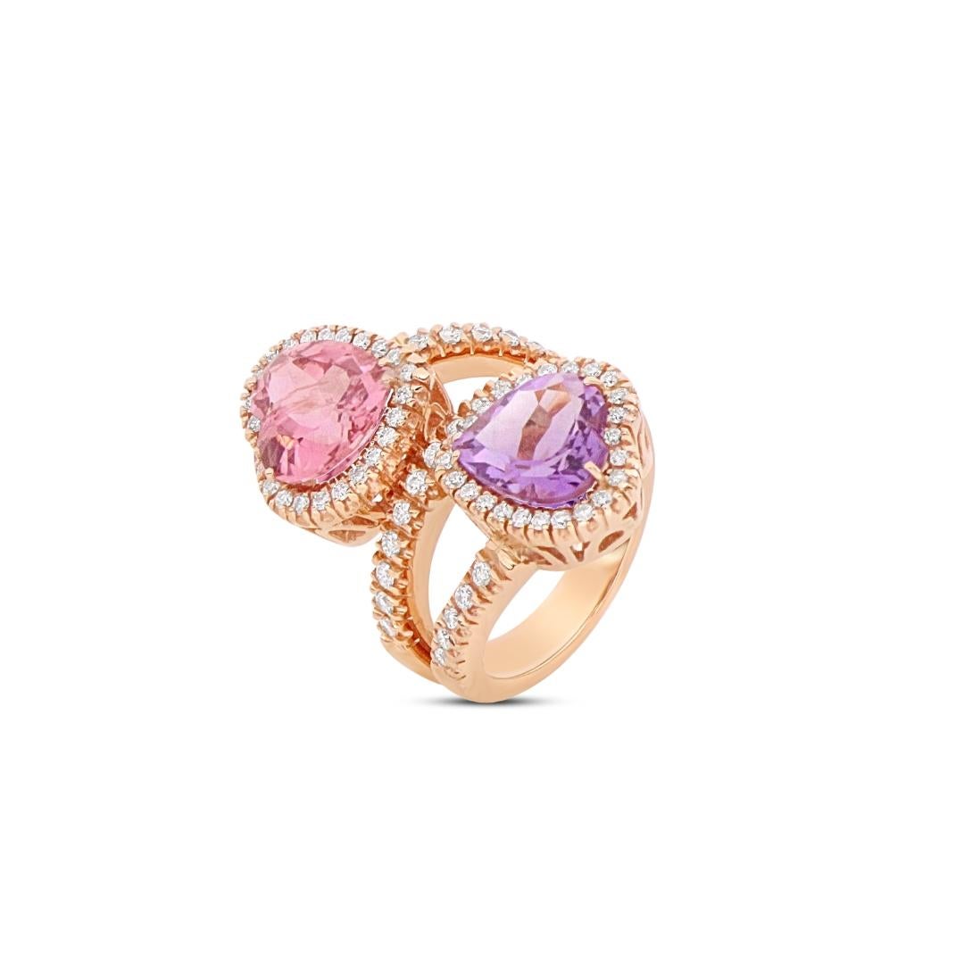 This ring stands as a testament to innovative design, featuring a bypass contrari�è style that seamlessly blends the amethyst (2.9ct) and pink tourmaline (3.7ct) in an artistic dance of contrasting beauty. 

One one hand, the bypass design symbolizes