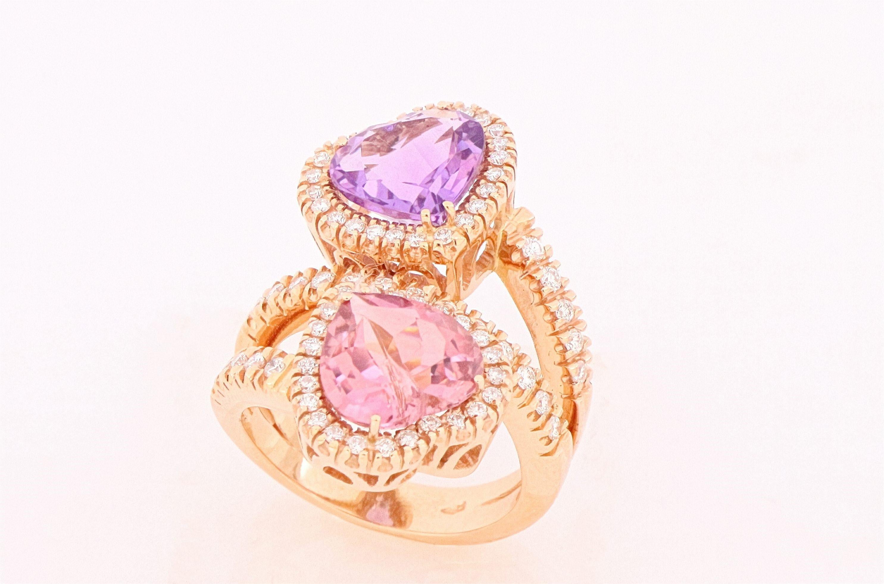 Artisan Heart-Cut Amethyst and Pink Tourmaline with Diamonds Bypass Contrariè Ring  For Sale