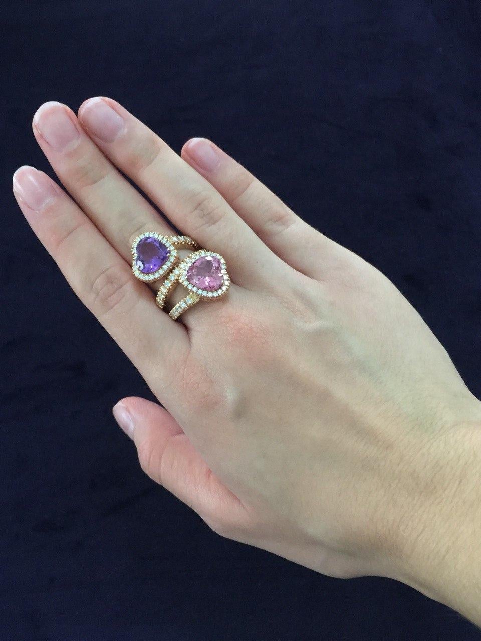 Heart Cut Heart-Cut Amethyst and Pink Tourmaline with Diamonds Bypass Contrariè Ring  For Sale