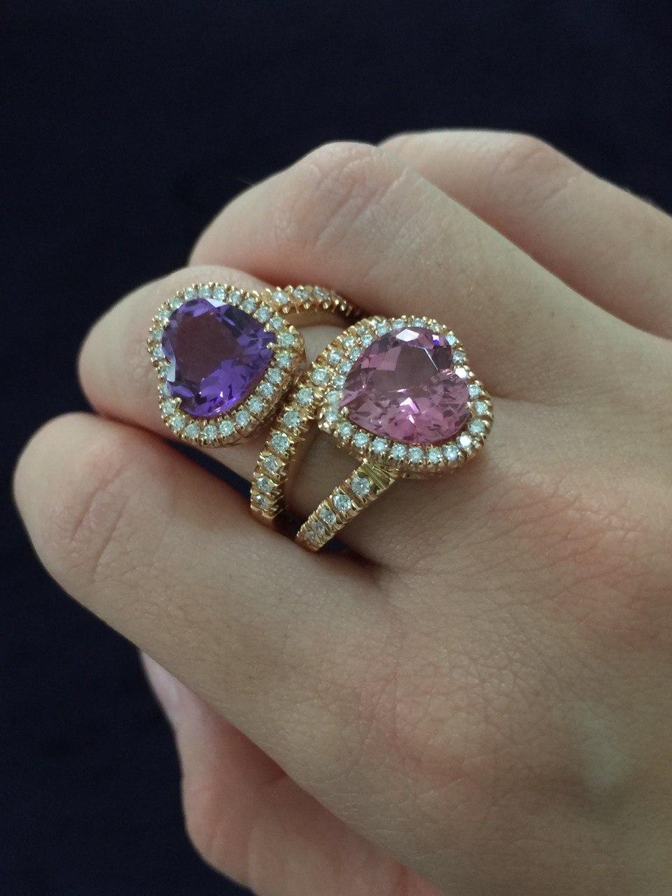 Heart-Cut Amethyst and Pink Tourmaline with Diamonds Bypass Contrariè Ring  In New Condition For Sale In Valenza, IT
