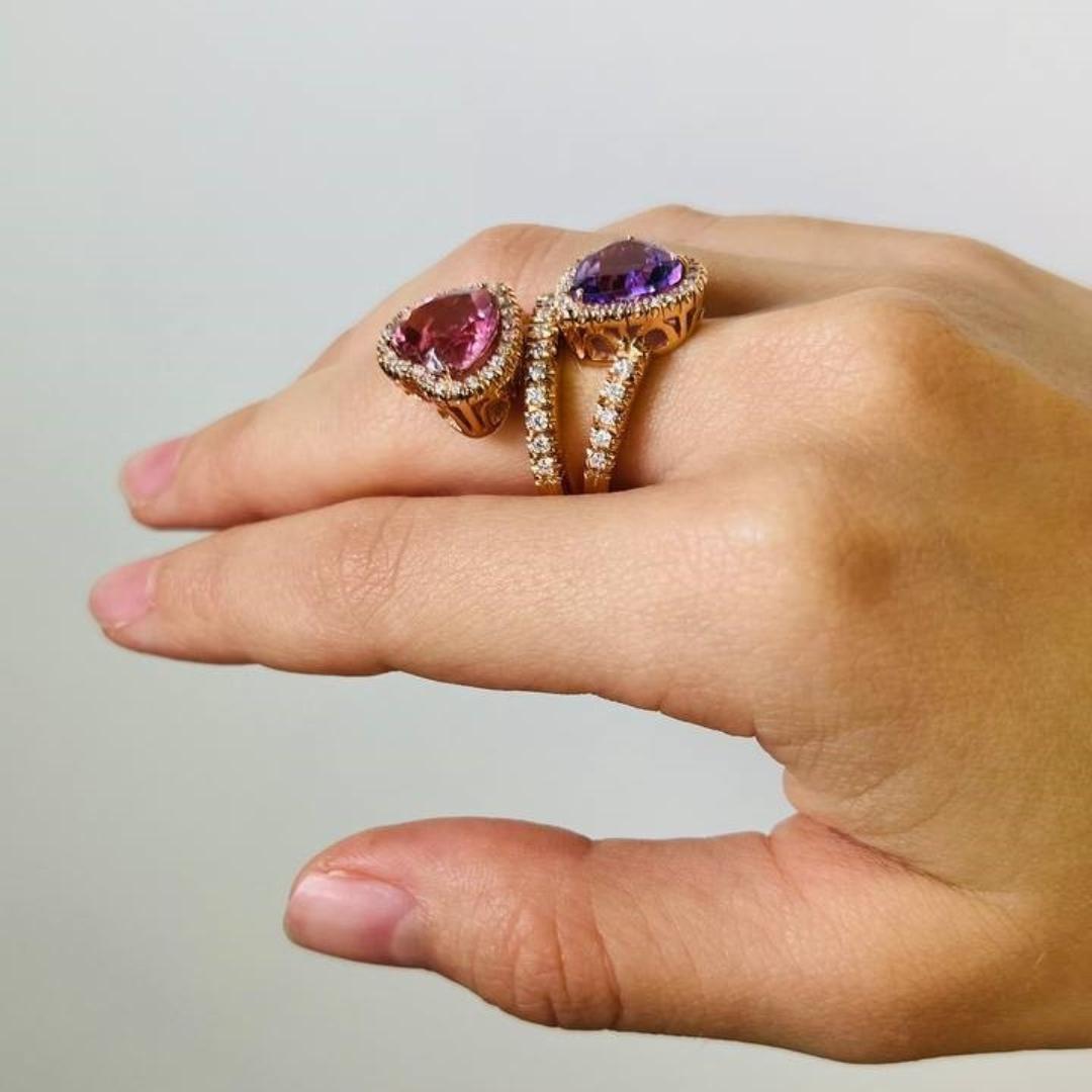 Women's Heart-Cut Amethyst and Pink Tourmaline with Diamonds Bypass Contrariè Ring  For Sale