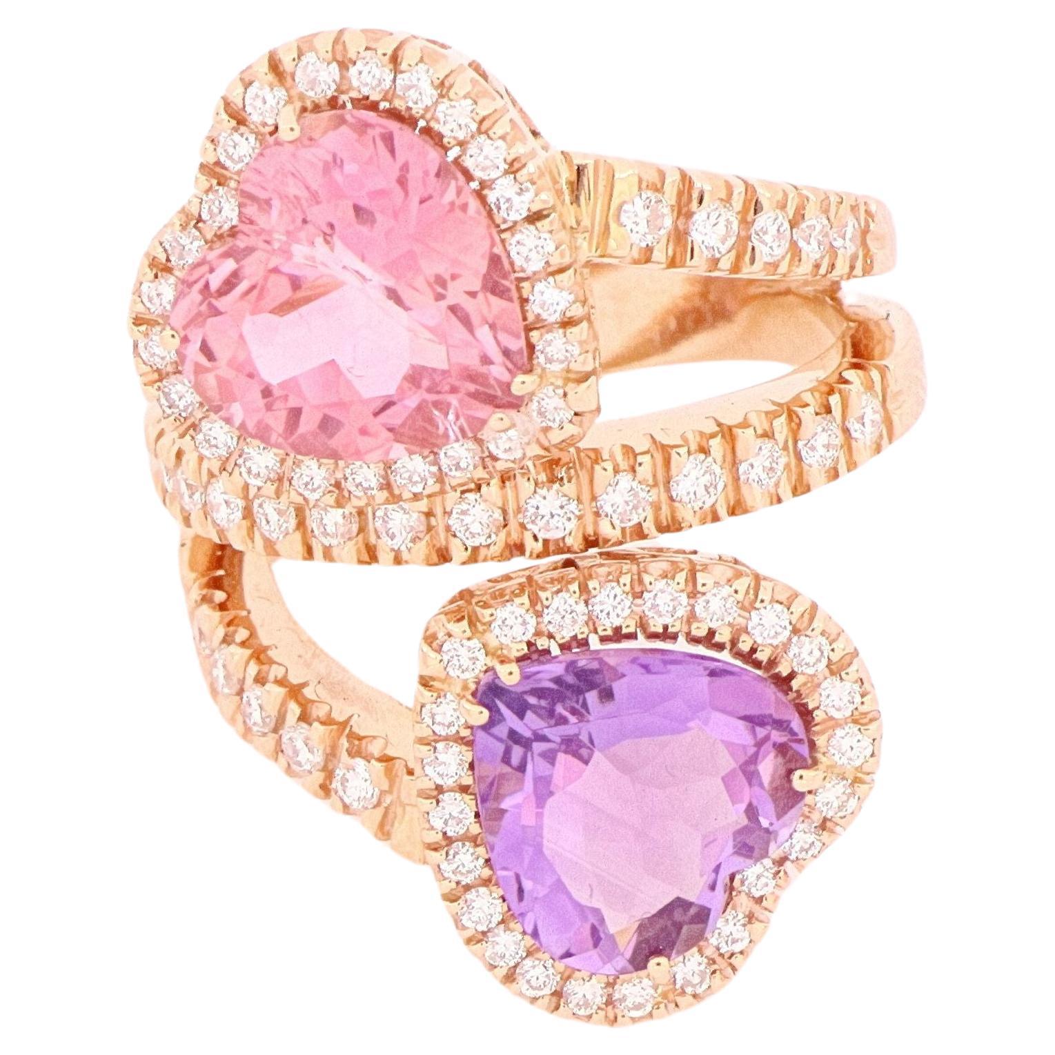 Heart-Cut Amethyst and Pink Tourmaline with Diamonds Bypass Contrariè Ring 