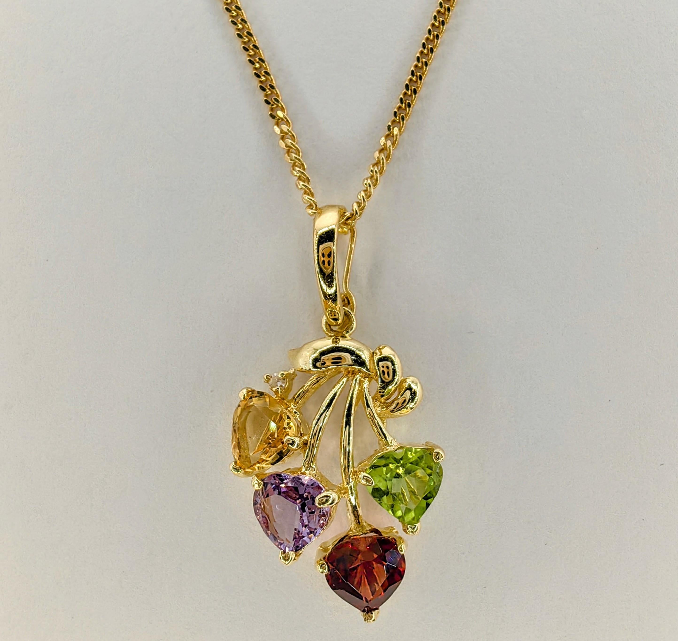 Heart-cut Amethyst Citrine Garnet Peridot 14k Gold Ring & Necklace Pendant Set For Sale 2