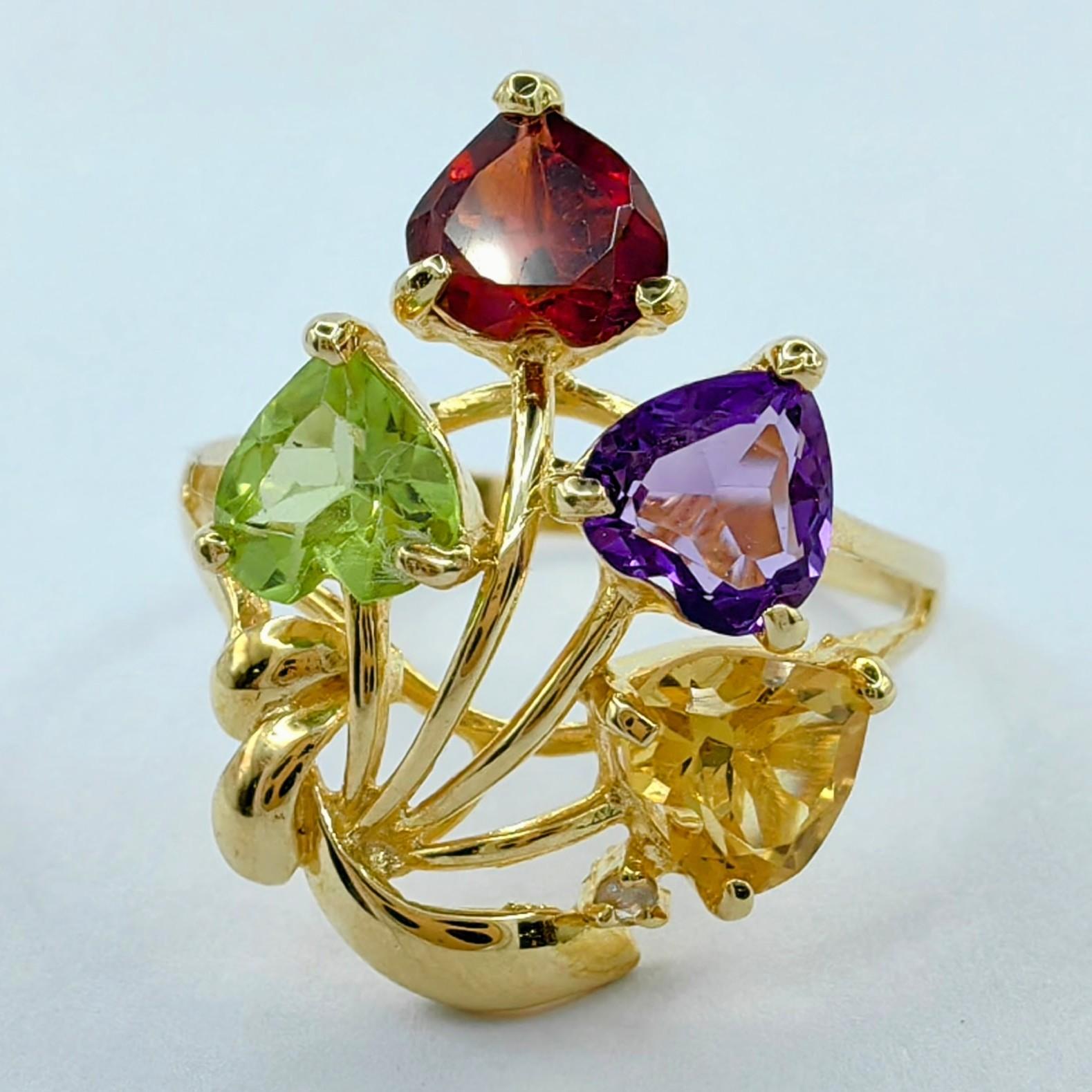 Introducing our stunning Heart-Cut Amethyst Citrine Garnet Peridot 14K Gold Ring & Necklace Pendant Set. This captivating set features a dainty and colorful pendant and a matching ring, both showcasing a charming blend of heart-cut amethyst,